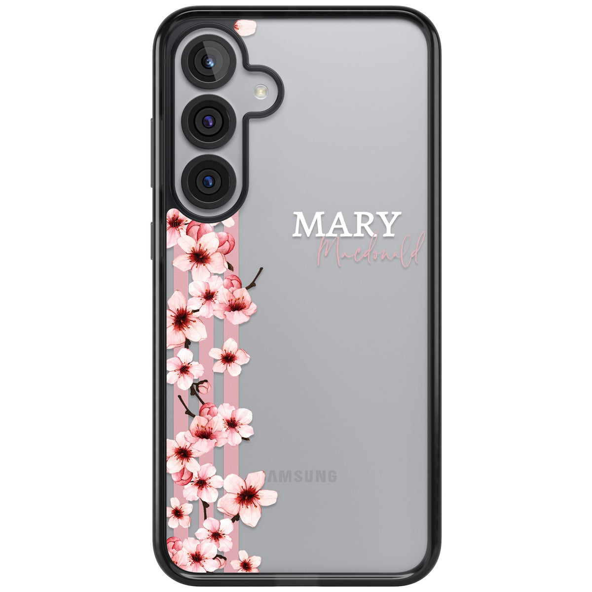 Personalised Cherry Blossom Stripe Samsung S25 Plus / Samsung S26 / Samsung S26 Plus Impact Black Phone Case front