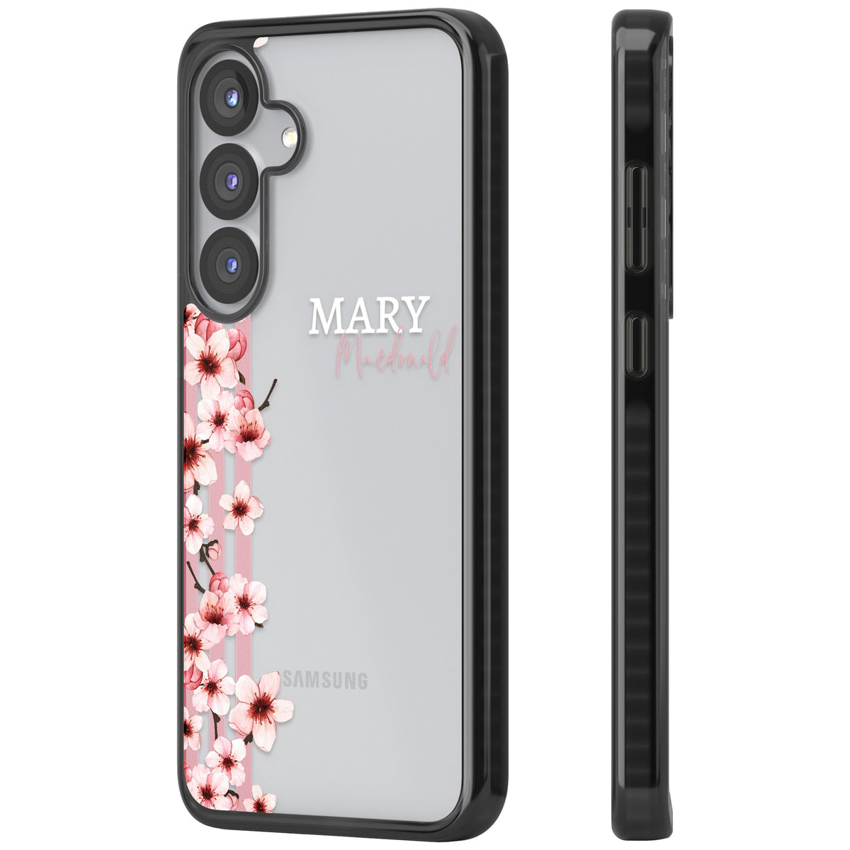 Personalised Cherry Blossom Stripe Samsung S25 / Samsung S25 Plus / Samsung S26 / Samsung S26 Plus Impact Black Phone Case side