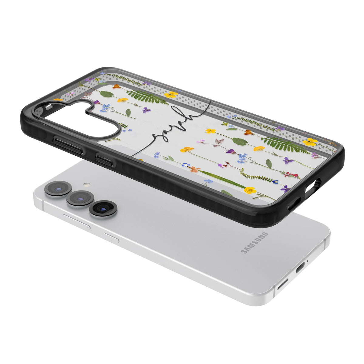 Personalised Wildflower Chain Samsung S25 / Samsung S25 Plus / Samsung S26 / Samsung S26 Plus Impact Black Phone Case angled