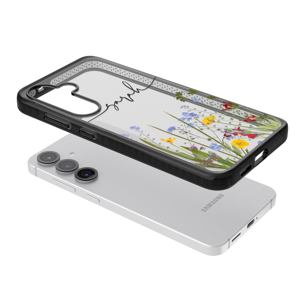 Personalised Wildflower Script Samsung S25 / Samsung S25 Plus / Samsung S26 / Samsung S26 Plus Impact Black Phone Case angled