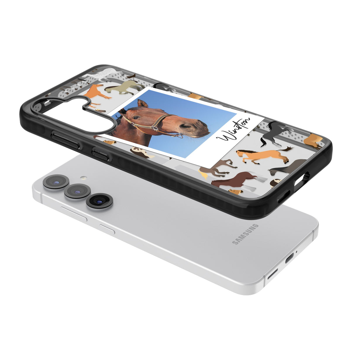 Personalised Horse Polaroid Samsung S25 / Samsung S25 Plus / Samsung S26 / Samsung S26 Plus Impact Black Phone Case angled