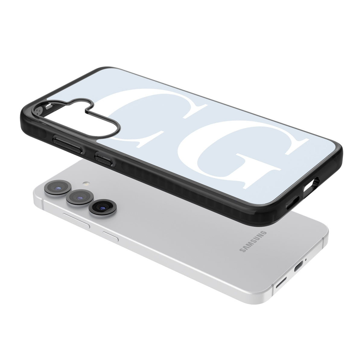 Personalised White & Blue Letters Samsung S25 / Samsung S25 Plus / Samsung S26 / Samsung S26 Plus Impact Black Phone Case angled