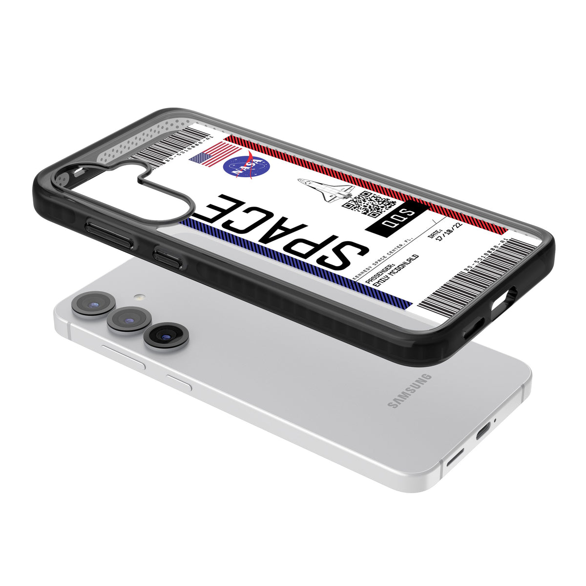 Personalised Nasa Boarding Pass (Light) Samsung S25 / Samsung S25 Plus / Samsung S26 / Samsung S26 Plus Impact Black Phone Case angled