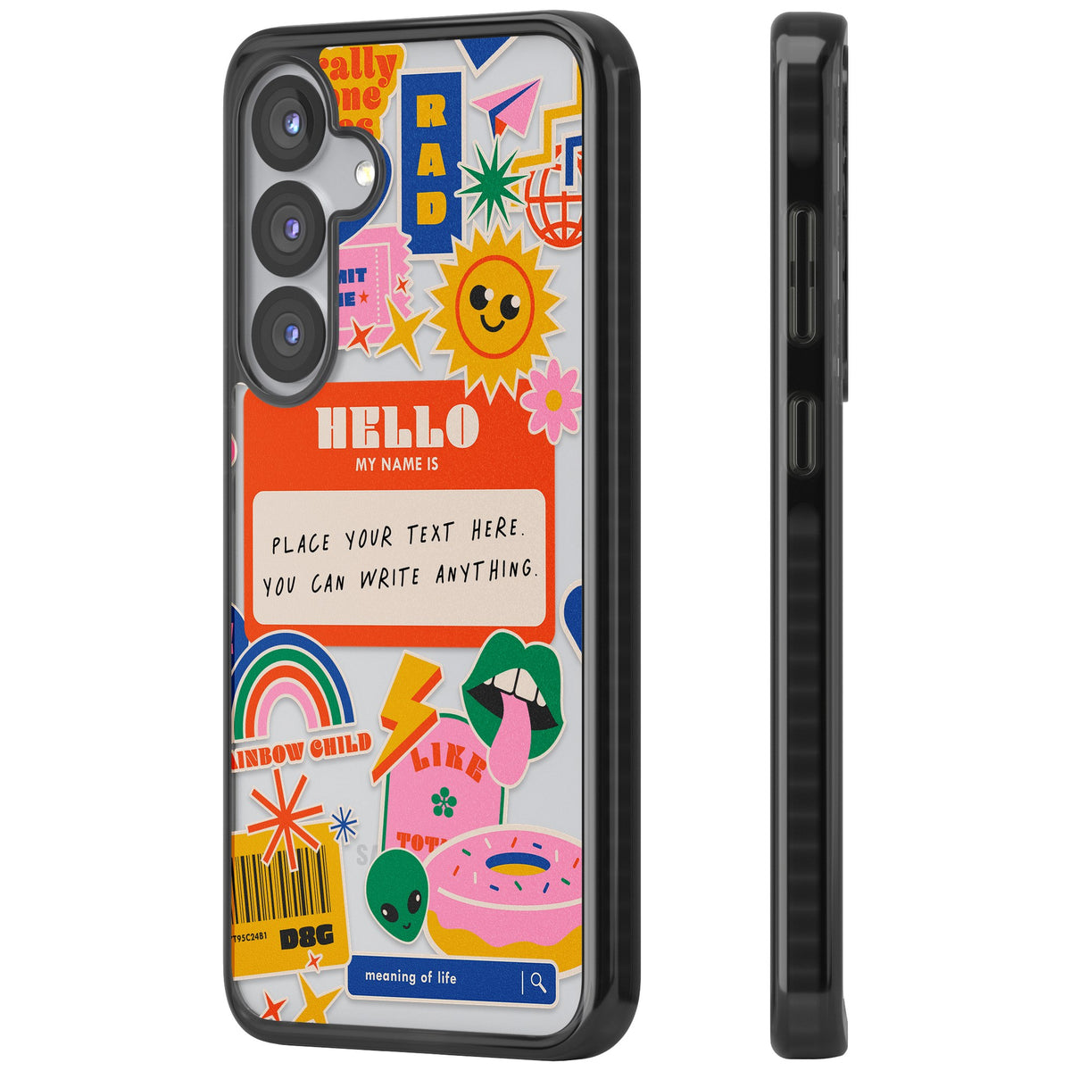 Personalised Retro Nametag Sticker Samsung S25 / Samsung S25 Plus / Samsung S26 / Samsung S26 Plus Impact Black Phone Case side