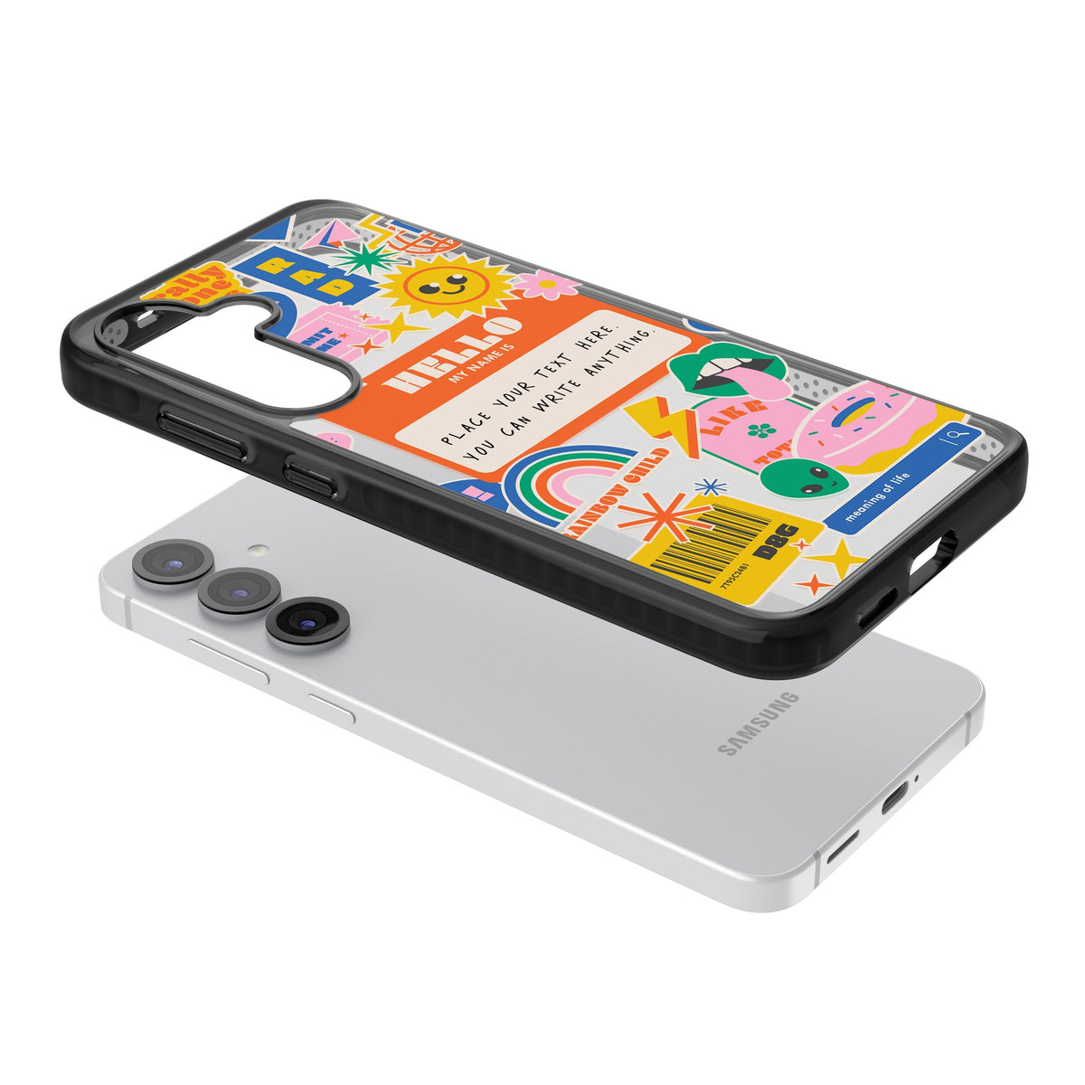 Personalised Retro Nametag Sticker Samsung S25 / Samsung S25 Plus / Samsung S26 / Samsung S26 Plus Impact Black Phone Case angled