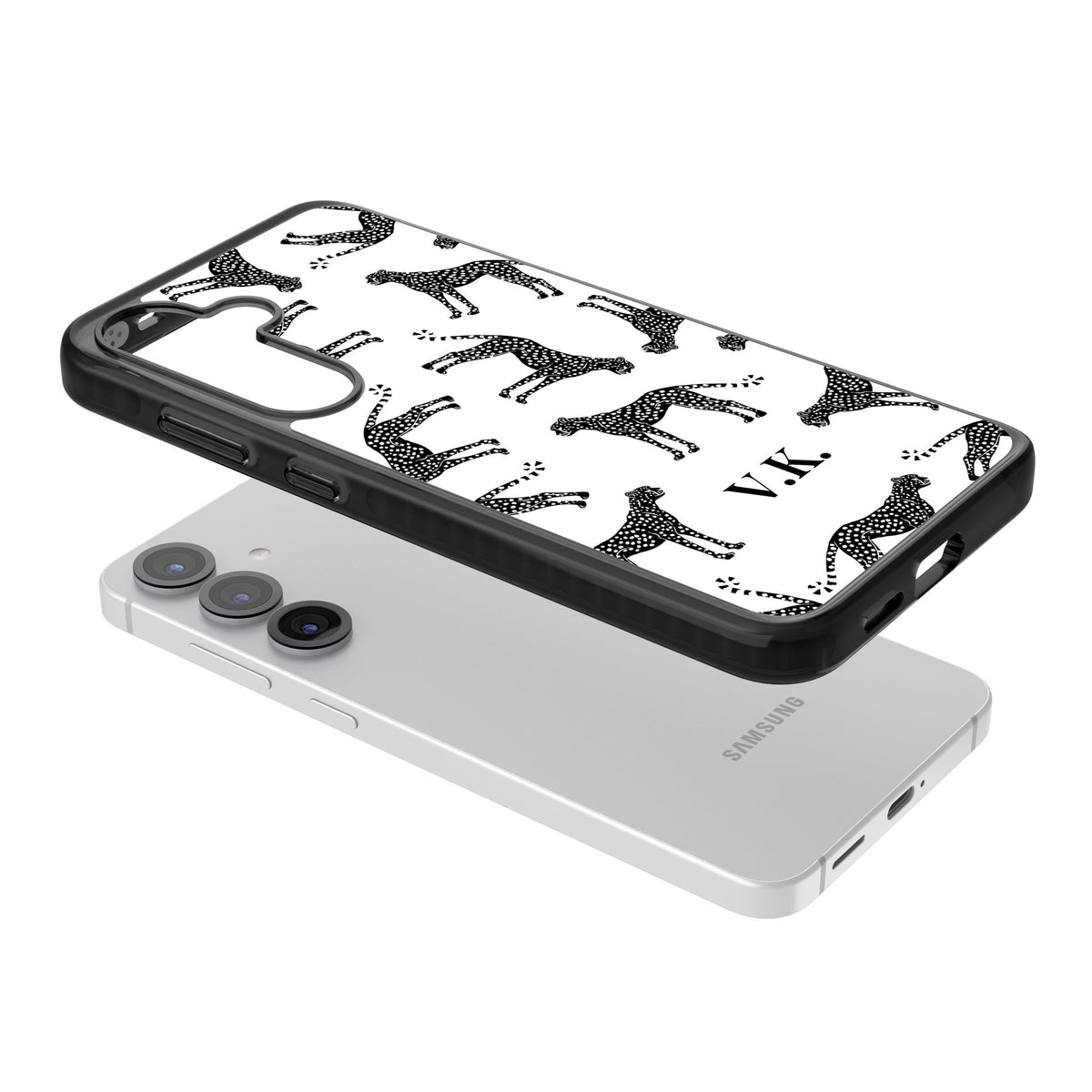 Personalised Monochrome Cheetahs Samsung S25 / Samsung S25 Plus / Samsung S26 / Samsung S26 Plus Impact Black Phone Case angled