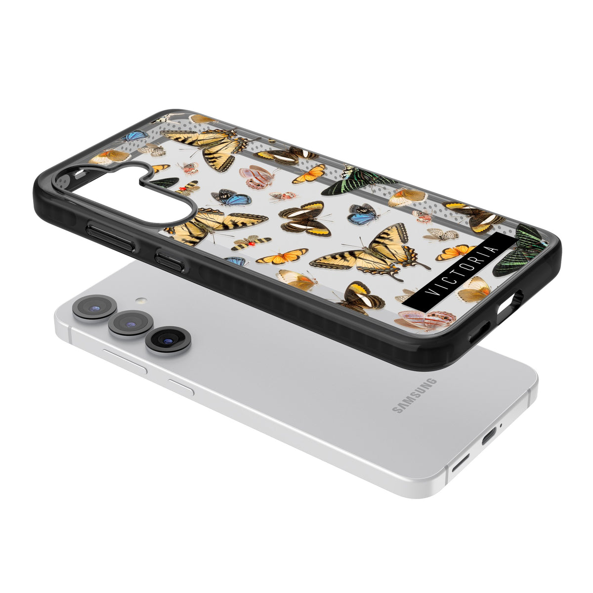 Personalised Butterfly Archive Samsung S25 / Samsung S25 Plus / Samsung S26 / Samsung S26 Plus Impact Black Phone Case angled