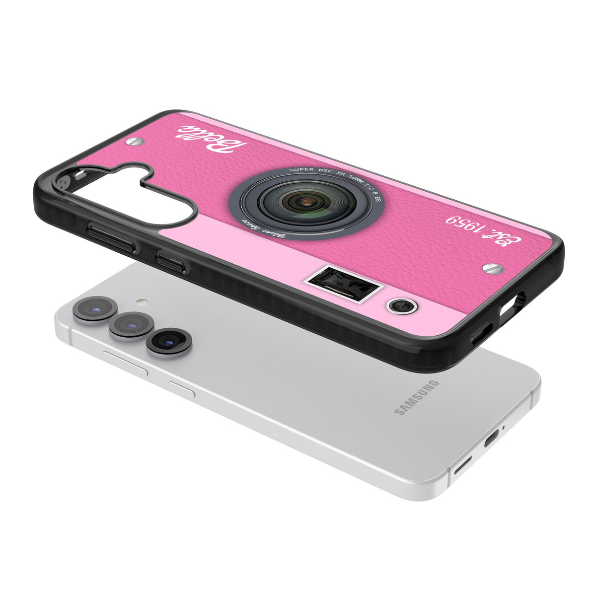 Personalised Pink Dream Camera Samsung S25 / Samsung S25 Plus / Samsung S26 / Samsung S26 Plus Impact Black Phone Case angled