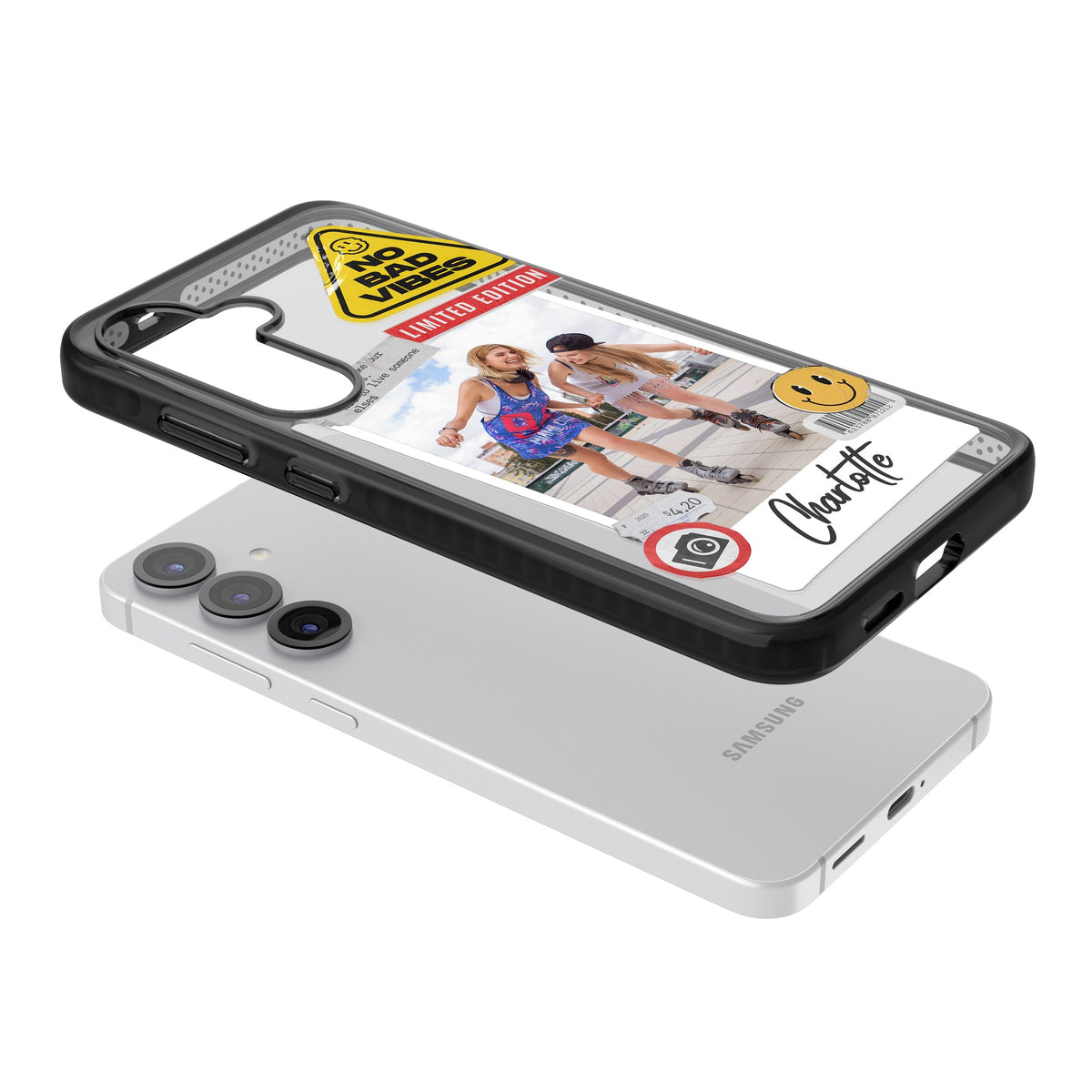 Personalised Sticker Mix Instant Photo Samsung S25 / Samsung S25 Plus / Samsung S26 / Samsung S26 Plus Impact Black Phone Case angled