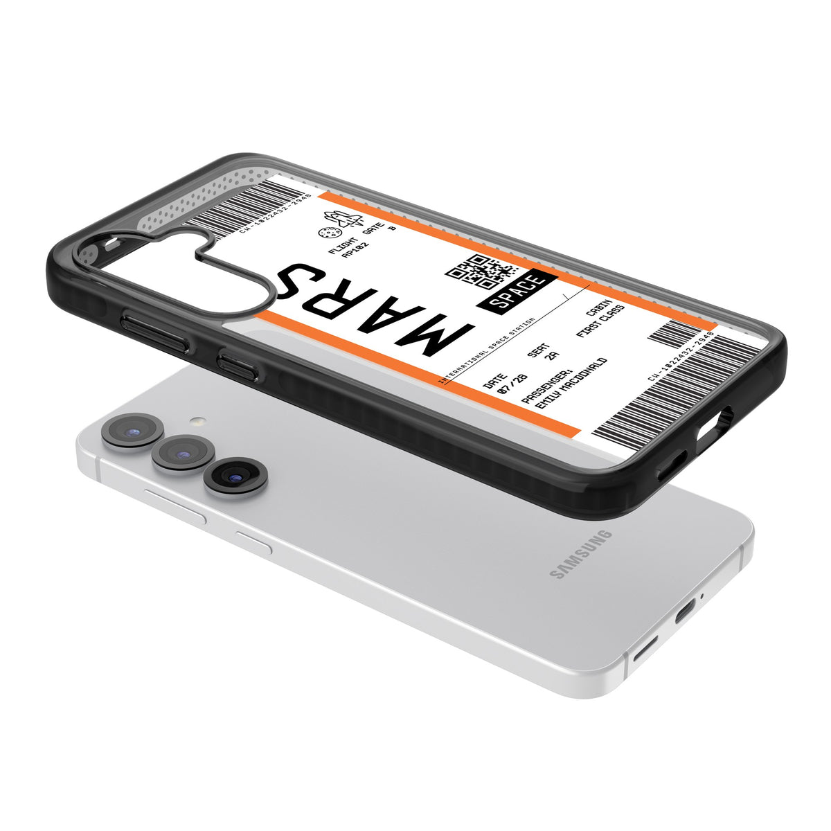 Personalised Mars Travel Ticket Samsung S25 / Samsung S25 Plus / Samsung S26 / Samsung S26 Plus Impact Black Phone Case angled