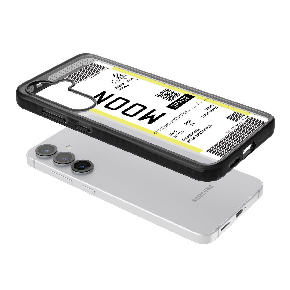 Personalised Moon Travel Ticket Samsung S25 / Samsung S25 Plus / Samsung S26 / Samsung S26 Plus Impact Black Phone Case angled