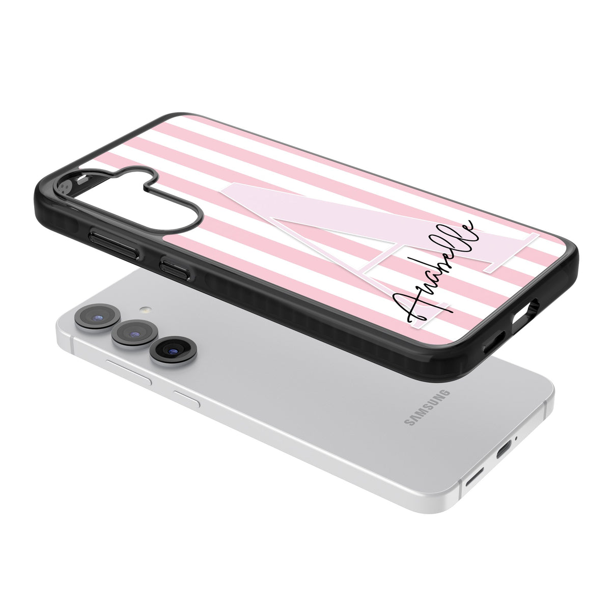 Personalised Soft Pink Stripes Samsung S25 / Samsung S25 Plus / Samsung S26 / Samsung S26 Plus Impact Black Phone Case angled