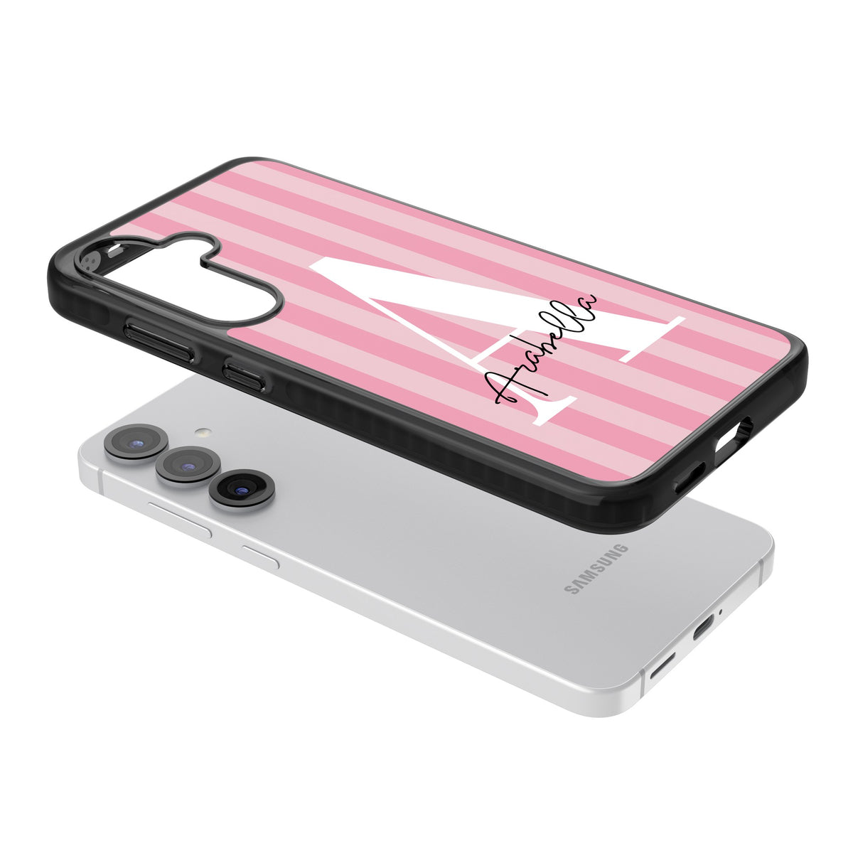 Personalised Pink Stripes Samsung S25 / Samsung S25 Plus / Samsung S26 / Samsung S26 Plus Impact Black Phone Case angled