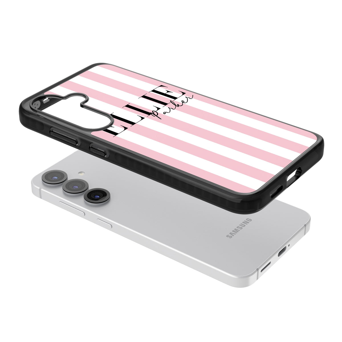 Personalised Pink Stripes Samsung S25 / Samsung S25 Plus / Samsung S26 / Samsung S26 Plus Impact Black Phone Case angled