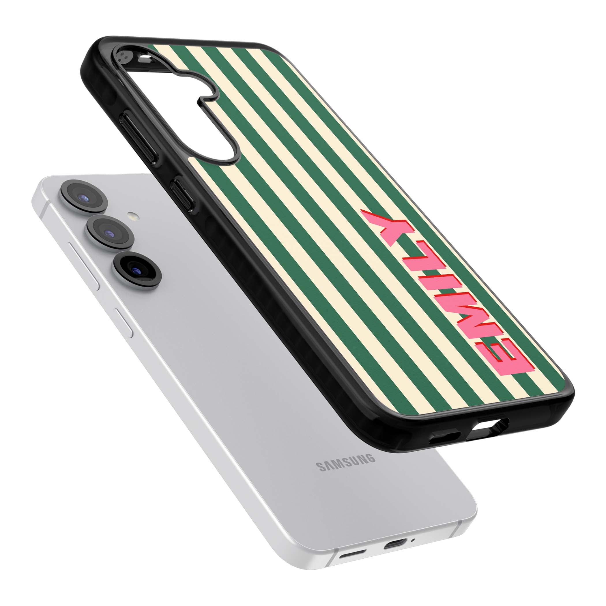 Wimbledon Stripe preppy iPhone case featuring green and cream vertical stripes with a personalised pink name | Black Impact case for Samsung Galaxy S25, Samsung Galaxy S25 Plus