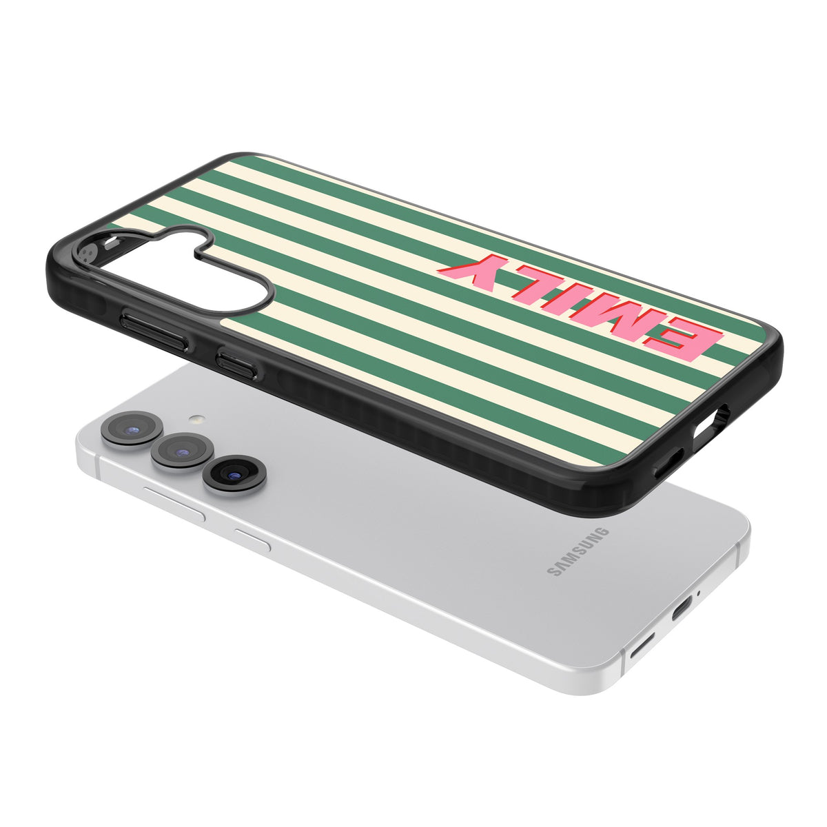 Personalised Wimbledon Stripe Samsung S25 / Samsung S25 Plus / Samsung S26 / Samsung S26 Plus Impact Black Phone Case angled
