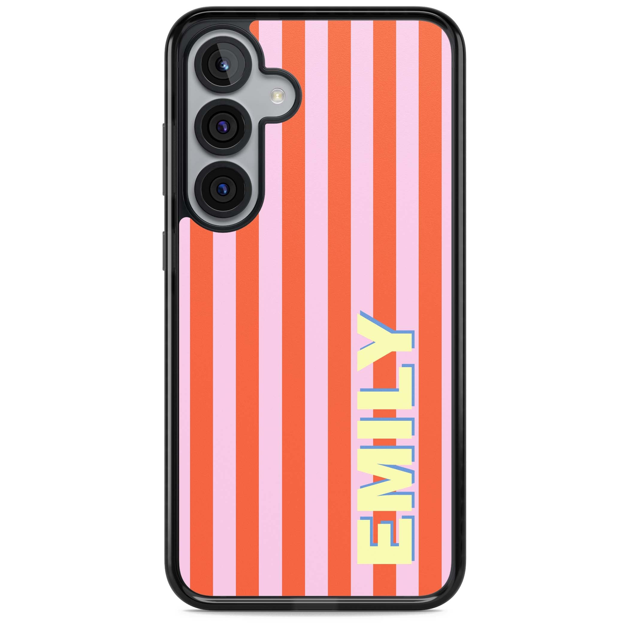 Havana Stripe personalised iPhone case featuring pink and orange vertical stripes with a custom yellow name | Black Impact case for Samsung Galaxy S25, Samsung Galaxy S25 Plus