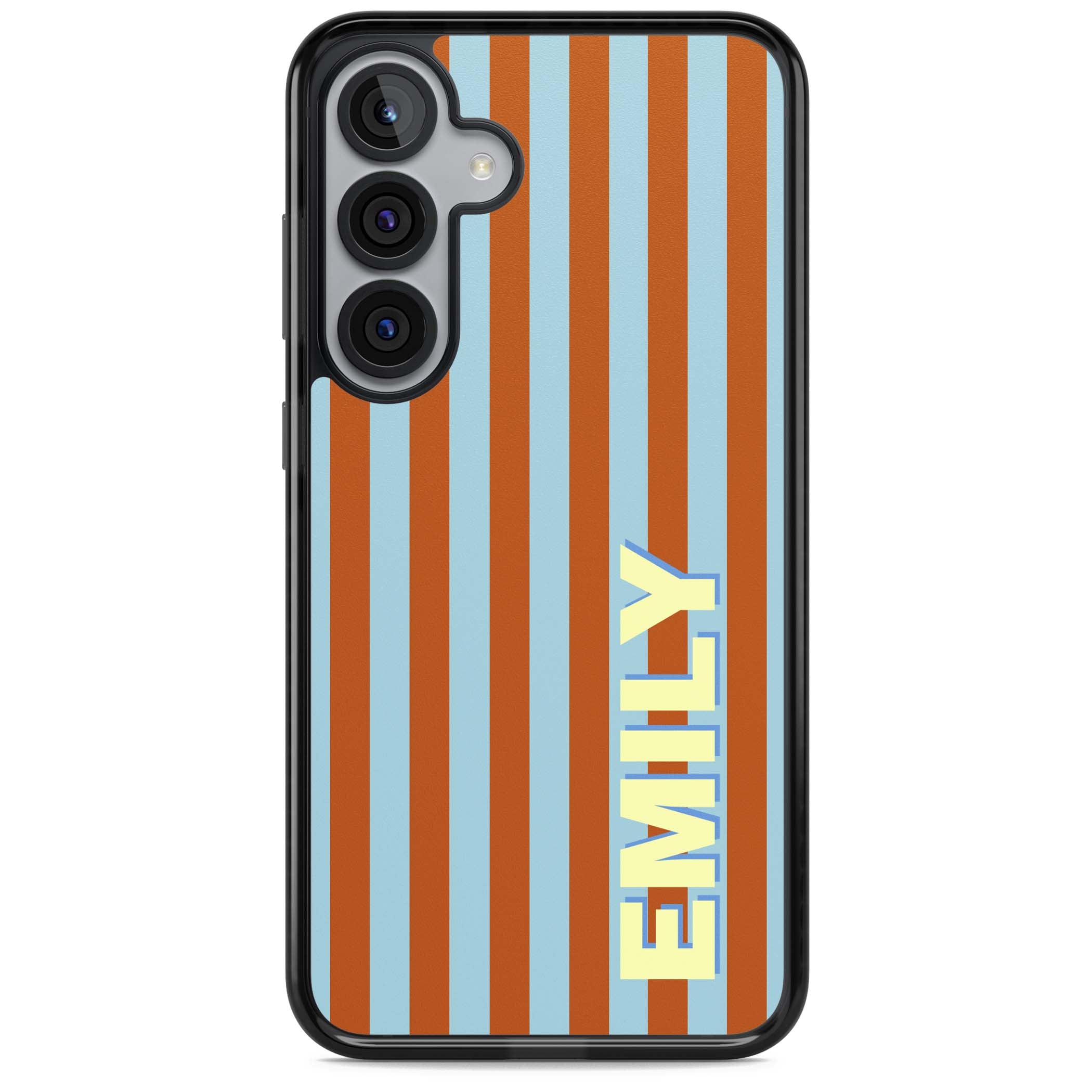 Cappadocia Stripe personalised coastal iPhone case featuring blue and orange vertical stripes with custom cream name | Black Impact case for Samsung Galaxy S25, Samsung Galaxy S25 Plus