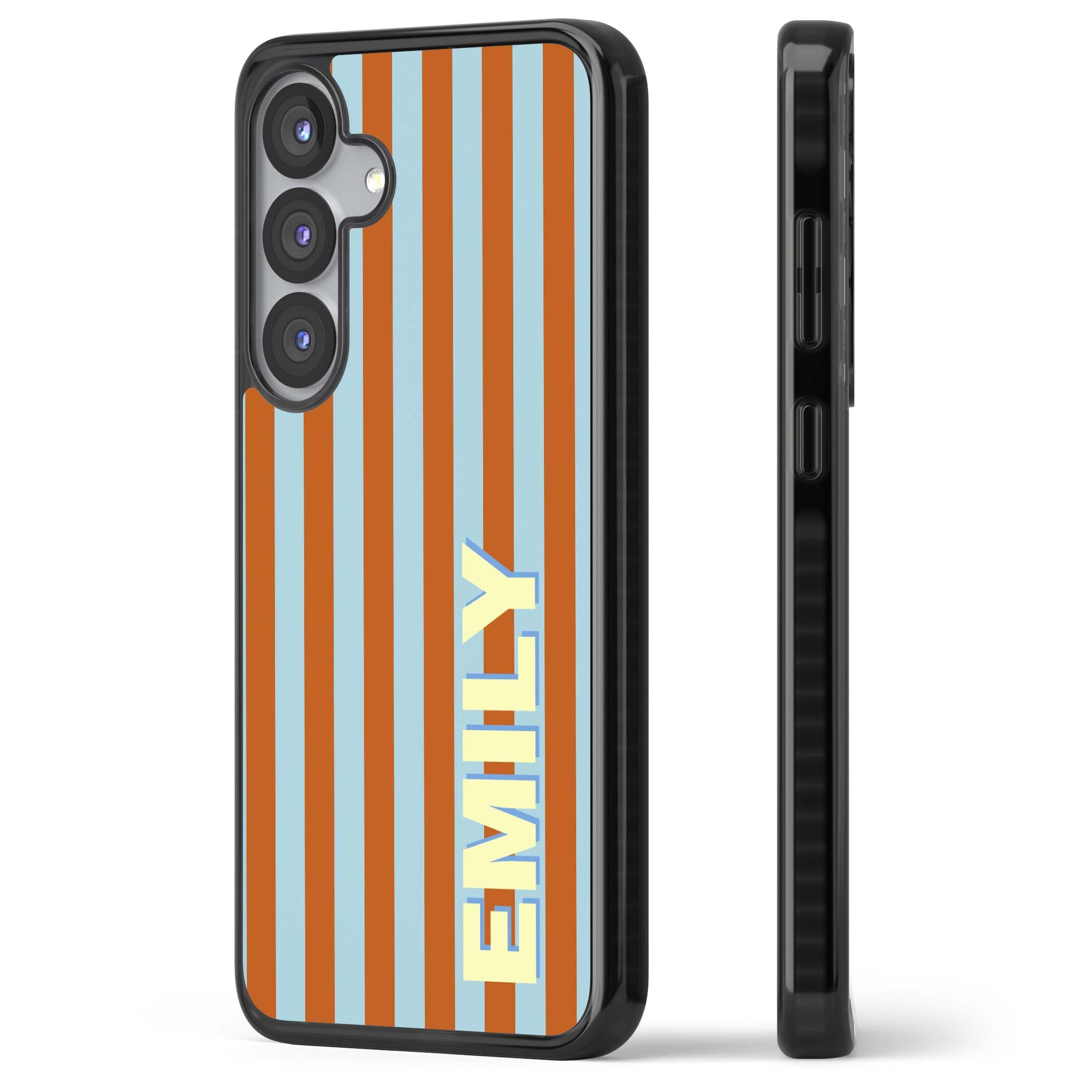 Cappadocia Stripe personalised coastal iPhone case featuring blue and orange vertical stripes with custom cream name | Black Impact case for Samsung Galaxy S25, Samsung Galaxy S25 Plus