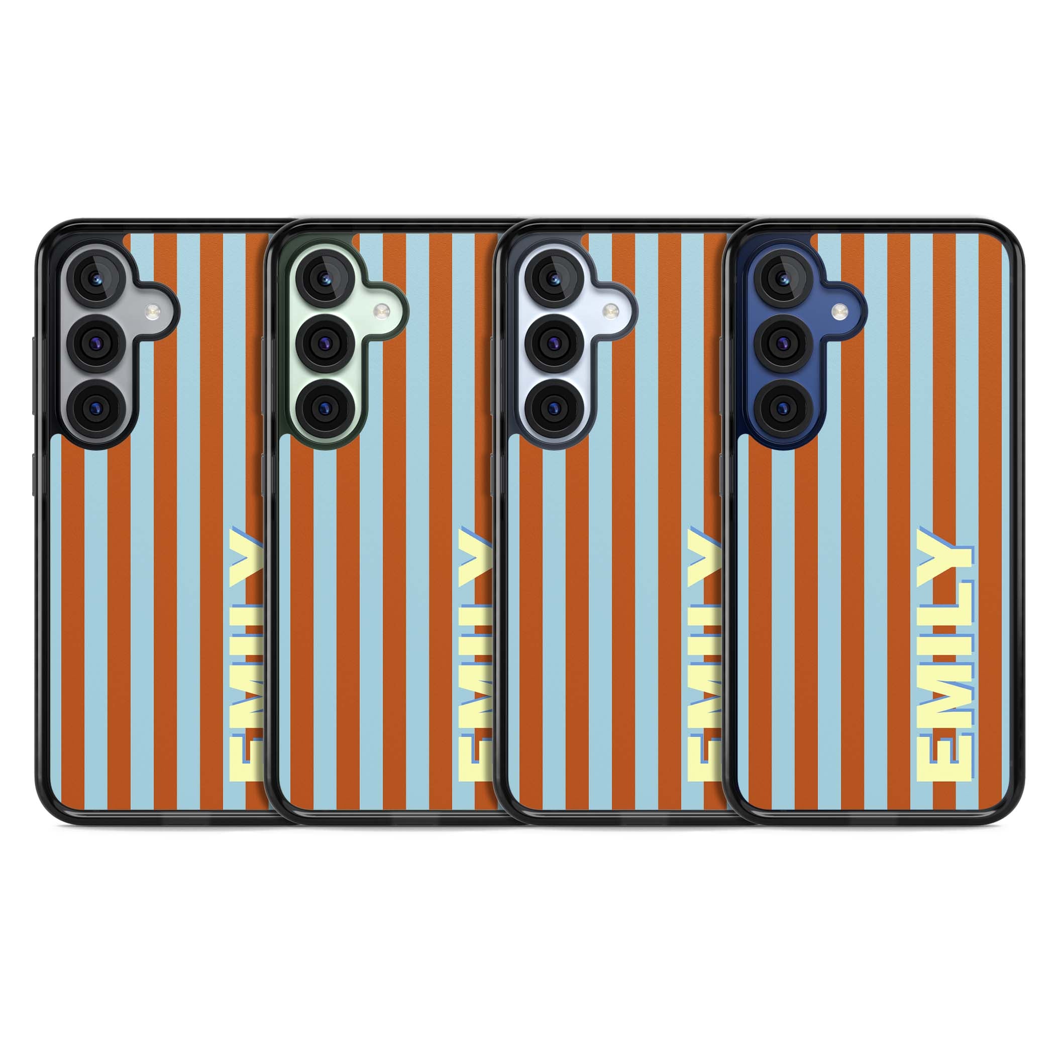 Cappadocia Stripe personalised coastal iPhone case featuring blue and orange vertical stripes with custom cream name | Black Impact case for Samsung Galaxy S25, Samsung Galaxy S25 Plus
