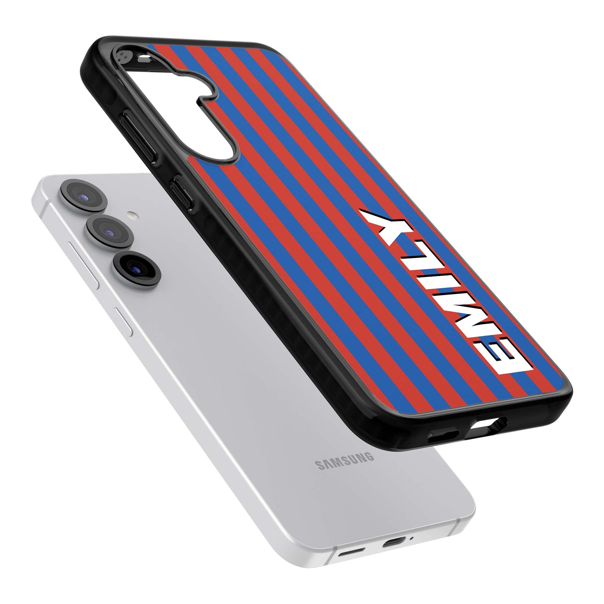 Cuban Stripe personalised iPhone case featuring red and blue vertical stripes with custom name in bold white letters | Black Impact case for Samsung Galaxy S25, Samsung Galaxy S25 Plus