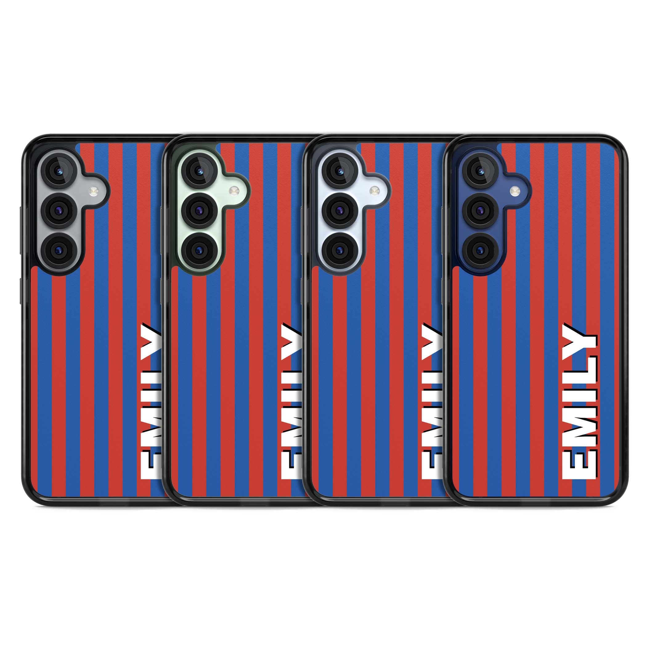 Cuban Stripe personalised iPhone case featuring red and blue vertical stripes with custom name in bold white letters | Black Impact case for Samsung Galaxy S25, Samsung Galaxy S25 Plus
