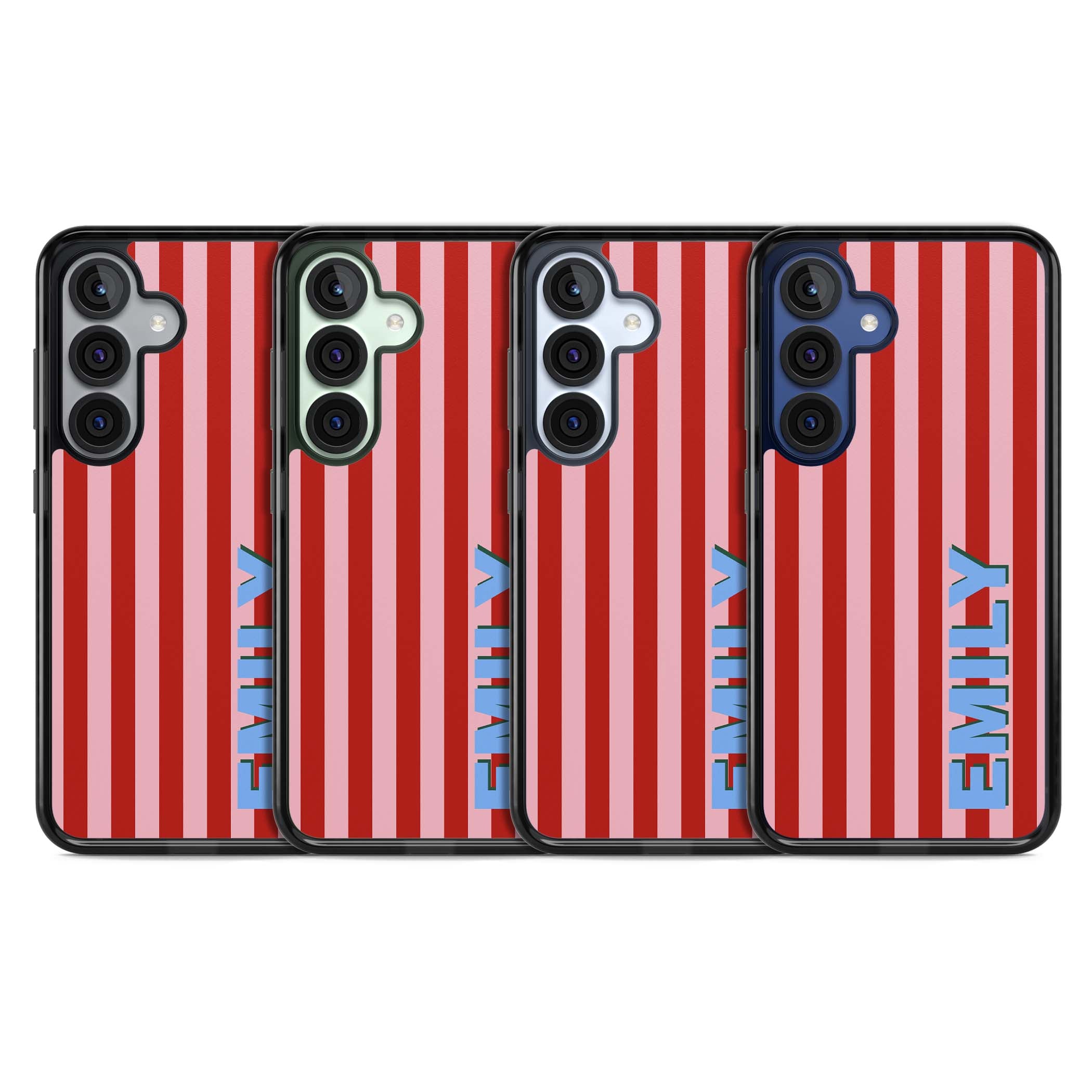 Market Stripe personalised iPhone case with red and pink vertical stripes and custom blue name | Black Impact case for Samsung Galaxy S25, Samsung Galaxy S25 Plus