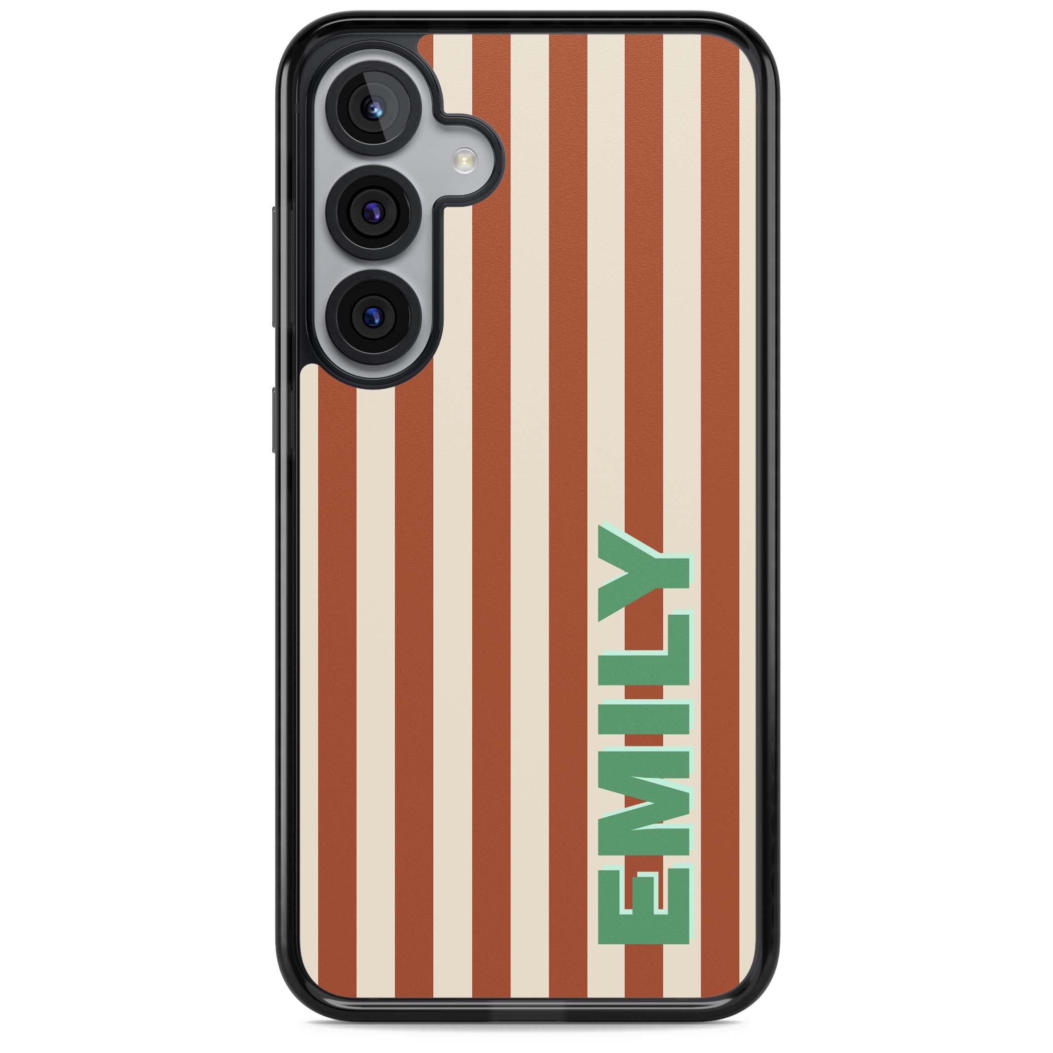 Dune Stripe personalised iPhone case with rust and cream vertical stripes and custom name in mint green | Black Impact case for Samsung Galaxy S25, Samsung Galaxy S25 Plus
