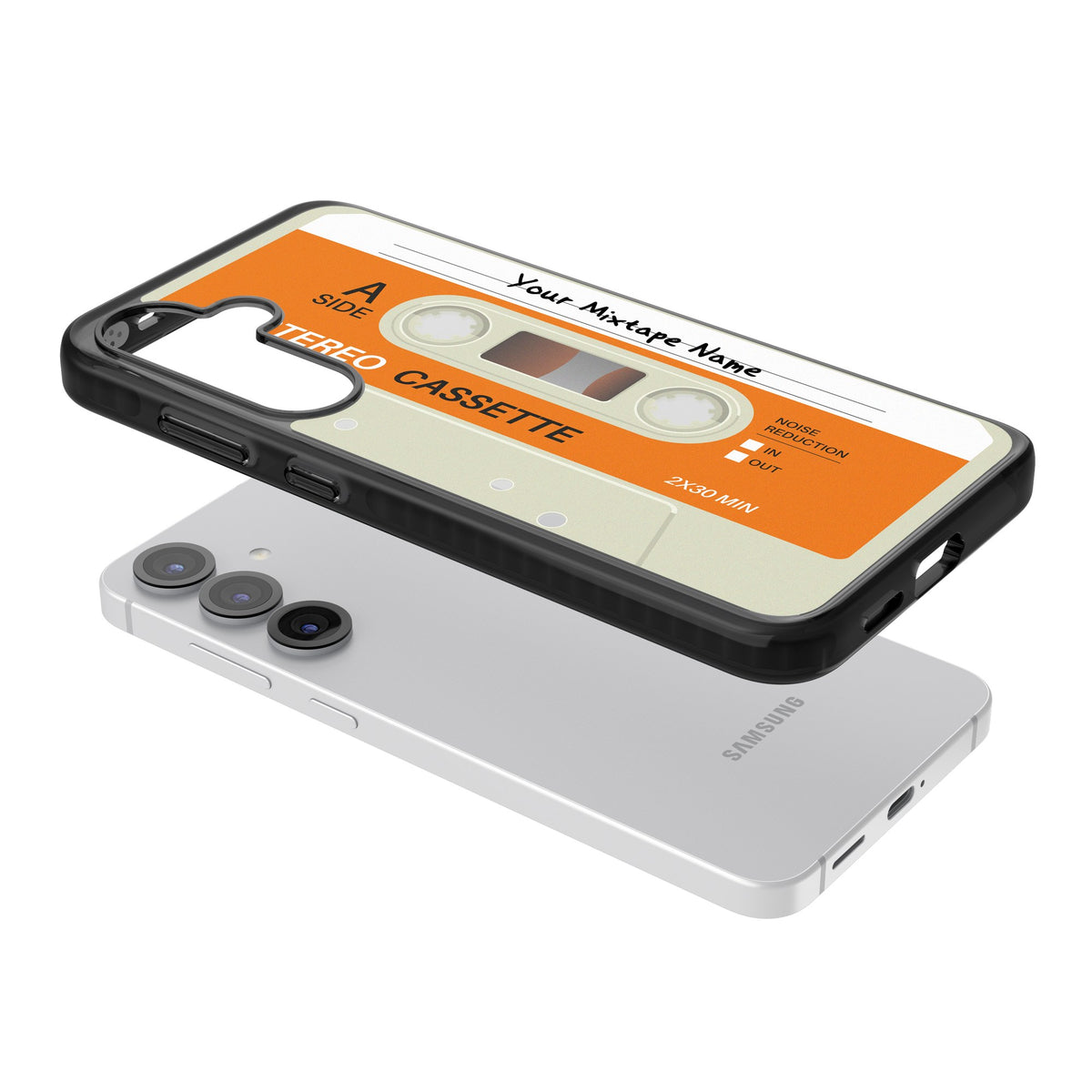 Personalised Retro Cassette Classic Samsung S25 / Samsung S25 Plus / Samsung S26 / Samsung S26 Plus Impact Black Phone Case angled