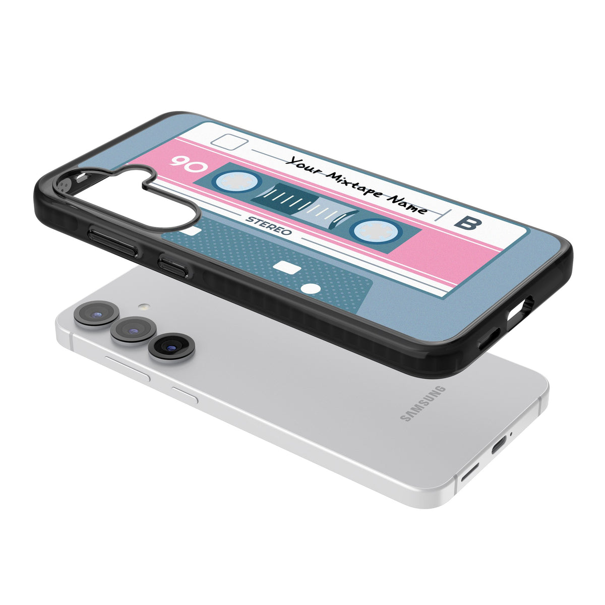 Personalised Retro Cassette Mixtape Samsung S25 / Samsung S25 Plus / Samsung S26 / Samsung S26 Plus Impact Black Phone Case angled