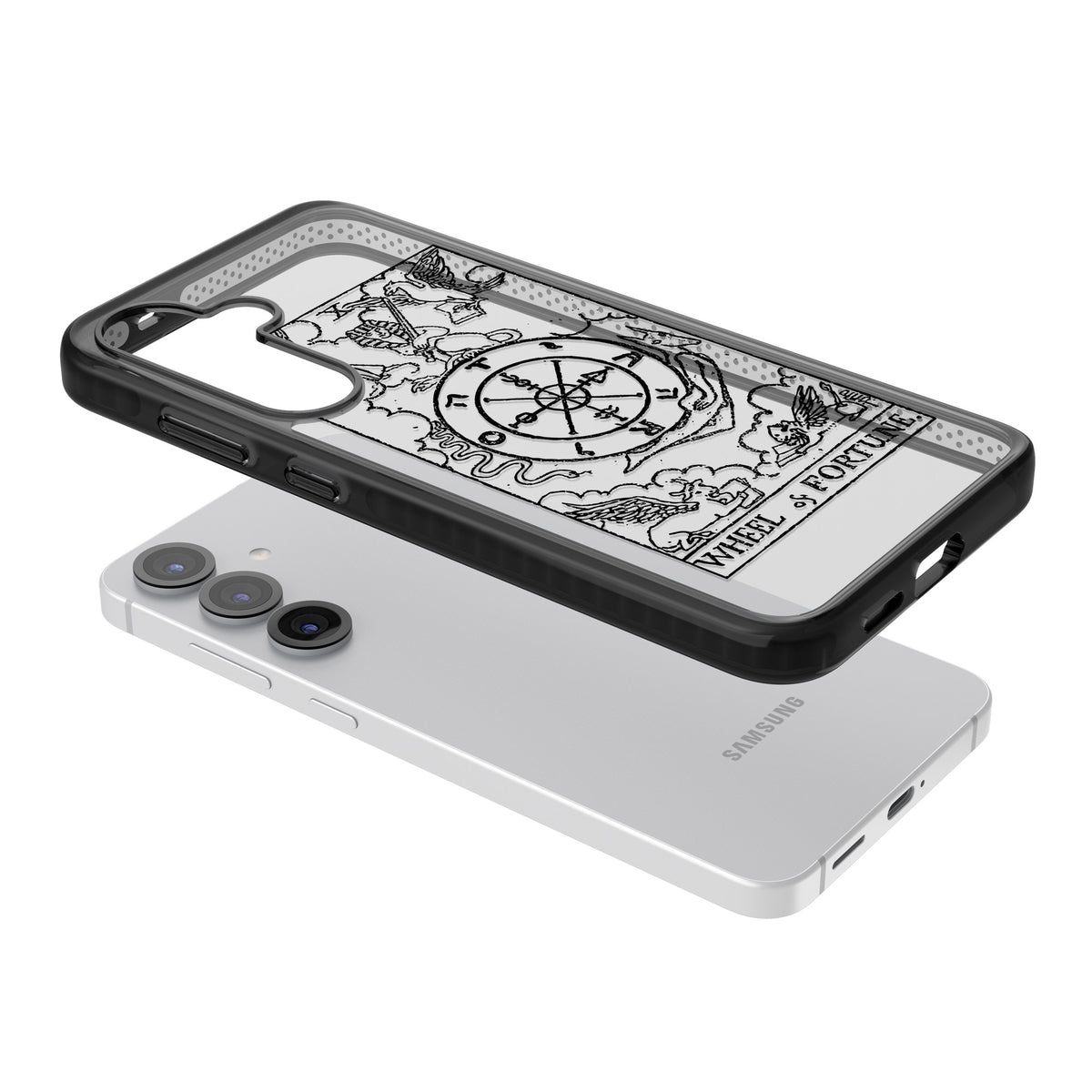 Personalised Wheel Of Fortune Tarot Transparent Samsung S25 / Samsung S25 Plus / Samsung S26 / Samsung S26 Plus Impact Black Phone Case angled