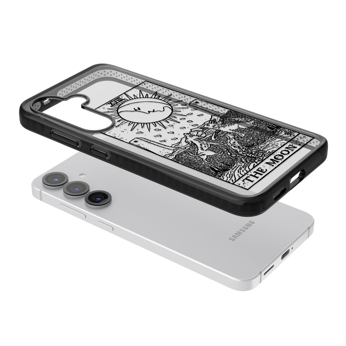 Personalised The Moon Tarot Card (Clear) Samsung S25 / Samsung S25 Plus / Samsung S26 / Samsung S26 Plus Impact Black Phone Case angled