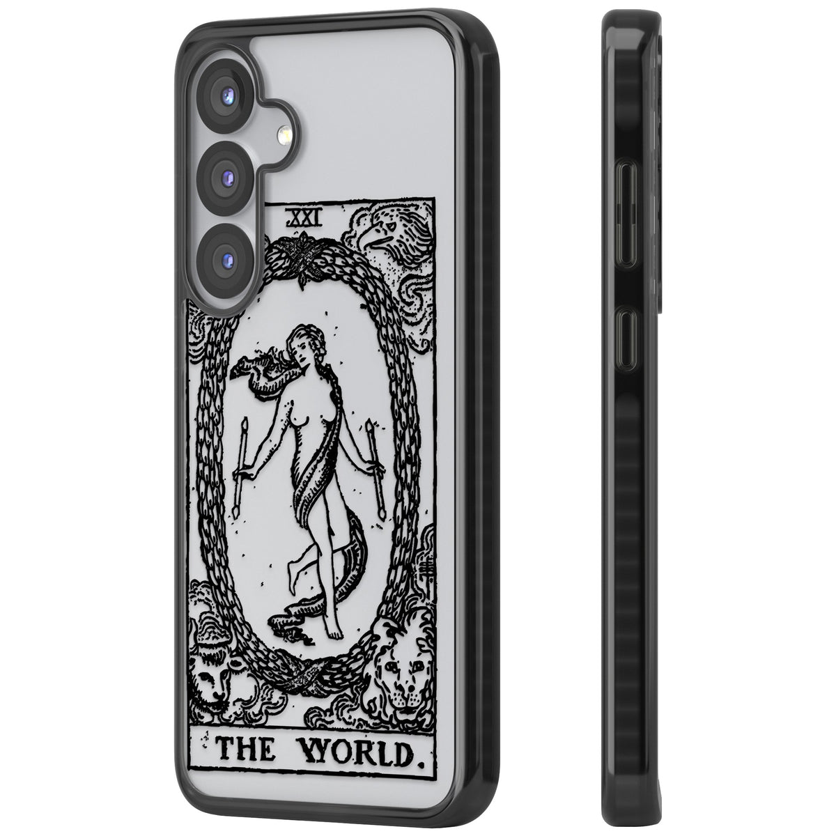 Personalised The World Tarot Card (Clear) Samsung S25 / Samsung S25 Plus / Samsung S26 / Samsung S26 Plus Impact Black Phone Case side