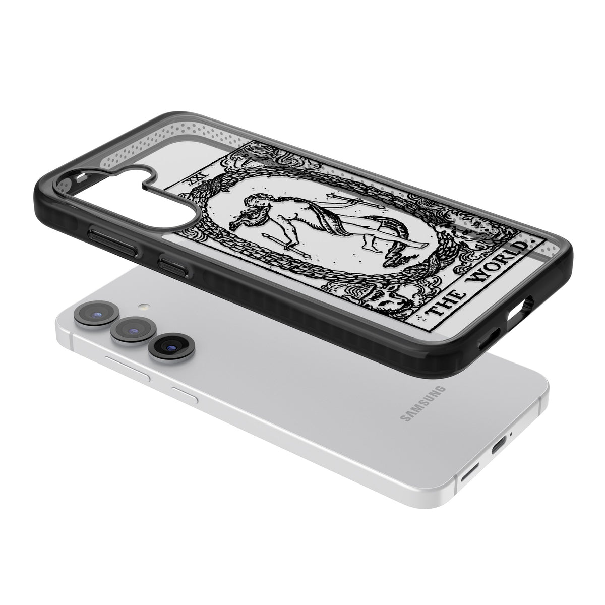 Personalised The World Tarot Card (Clear) Samsung S25 / Samsung S25 Plus / Samsung S26 / Samsung S26 Plus Impact Black Phone Case angled