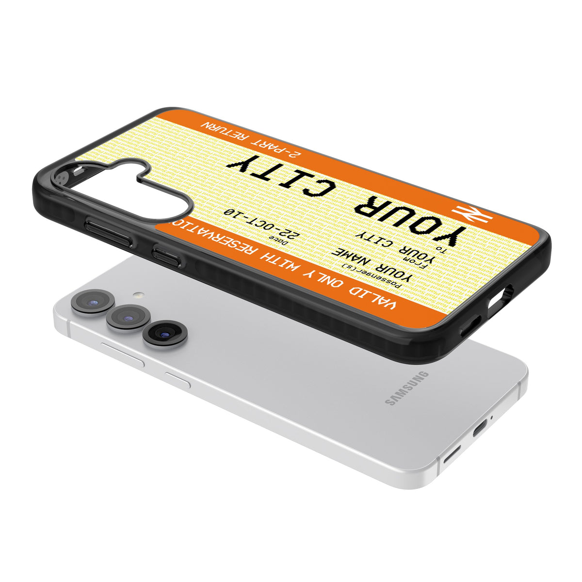 Personalised Create Your Own Train Ticket Samsung S25 / Samsung S25 Plus / Samsung S26 / Samsung S26 Plus Impact Black Phone Case angled