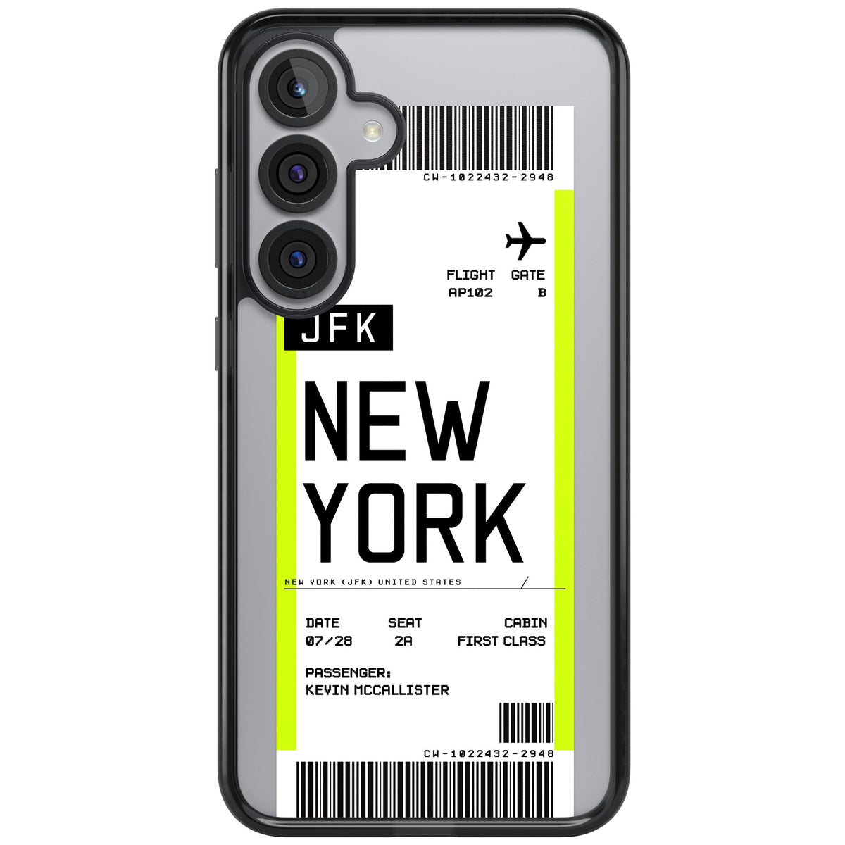 Personalised New York Boarding Pass Samsung S25 Plus / Samsung S26 / Samsung S26 Plus Impact Black Phone Case front