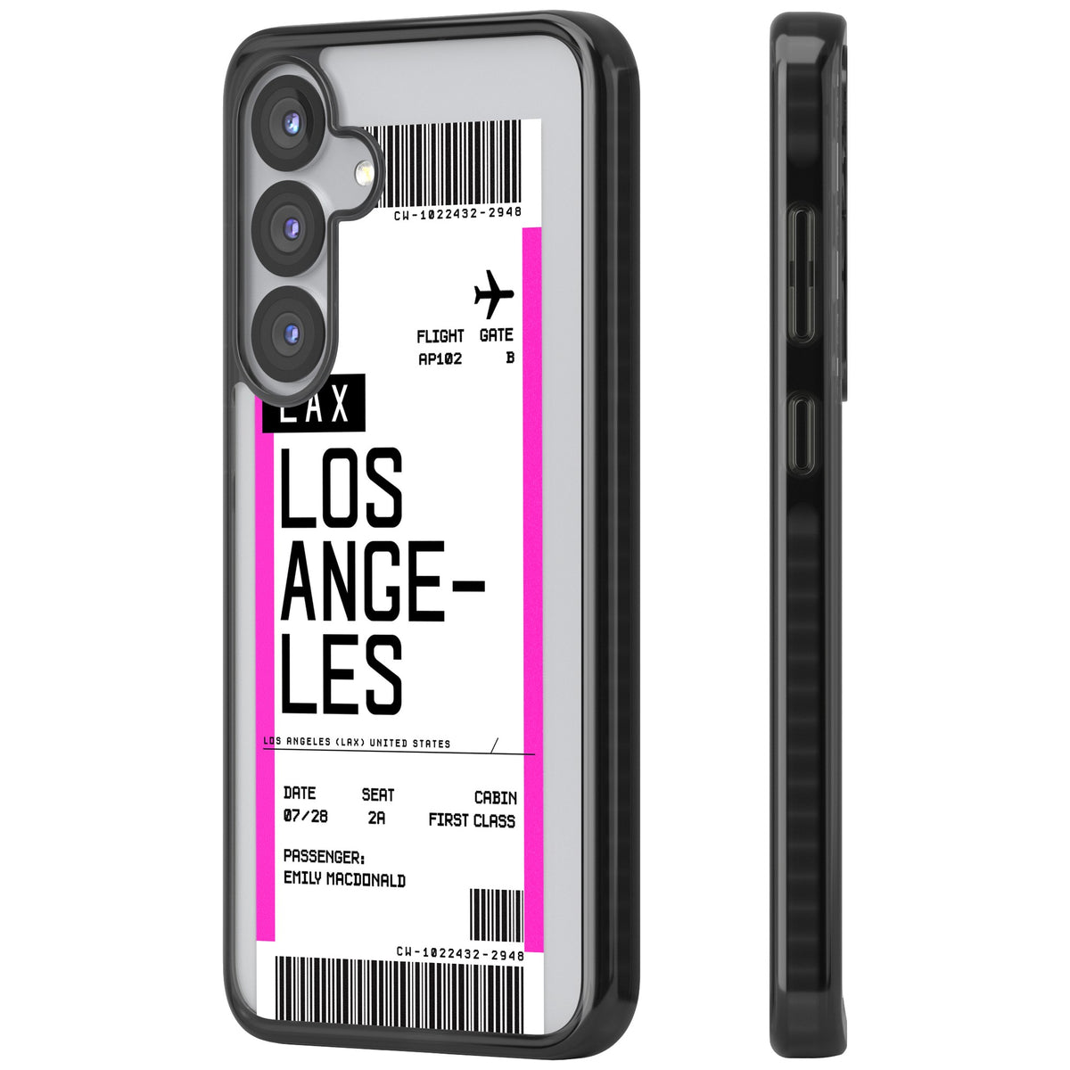 Personalised Los Angeles Boarding Pass Samsung S25 / Samsung S25 Plus / Samsung S26 / Samsung S26 Plus Impact Black Phone Case side