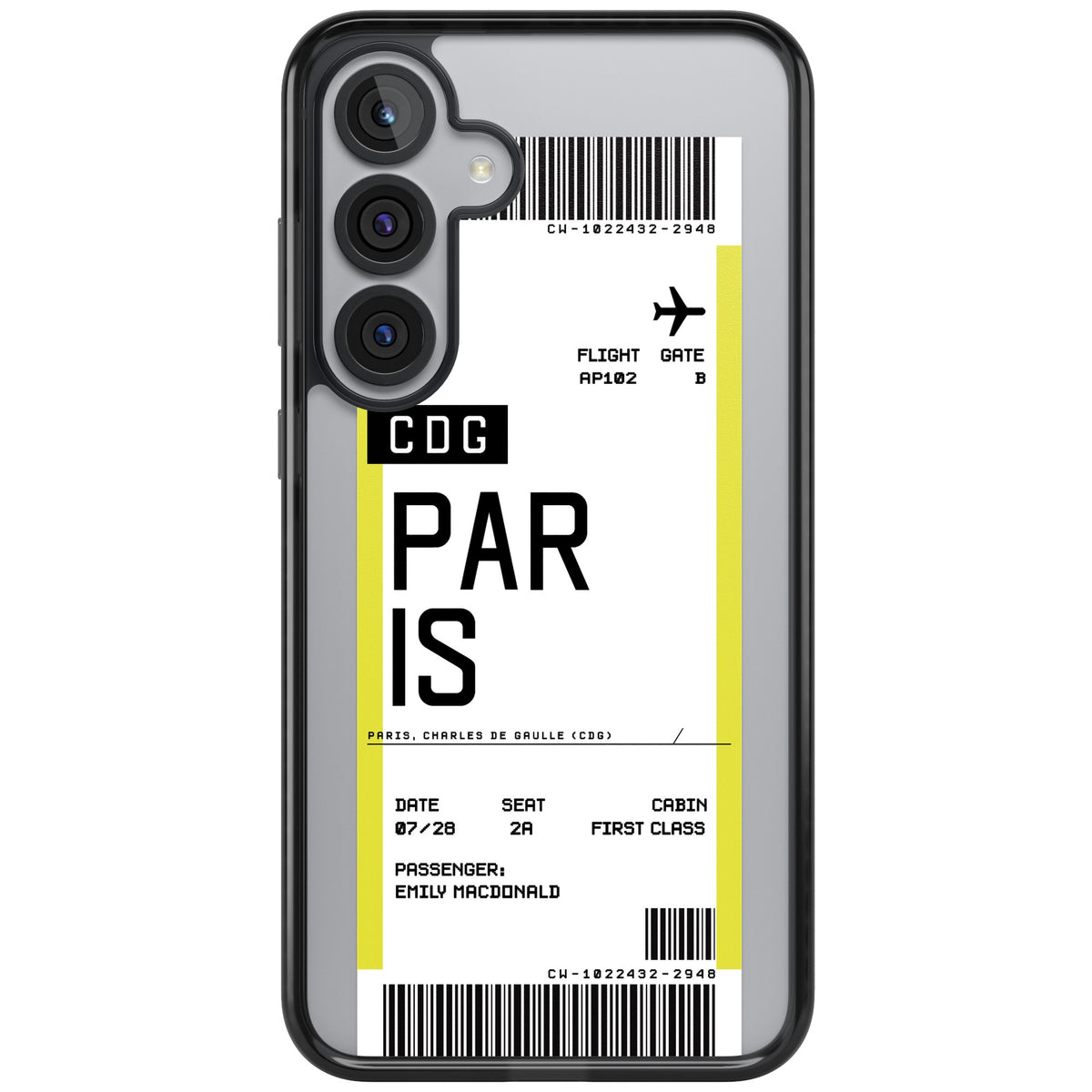 Personalised Paris Boarding Pass Samsung S25 Plus / Samsung S26 / Samsung S26 Plus Impact Black Phone Case front