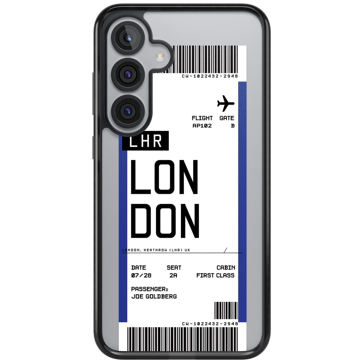 Personalised London Boarding Pass Samsung S25 Plus / Samsung S26 / Samsung S26 Plus Impact Black Phone Case front