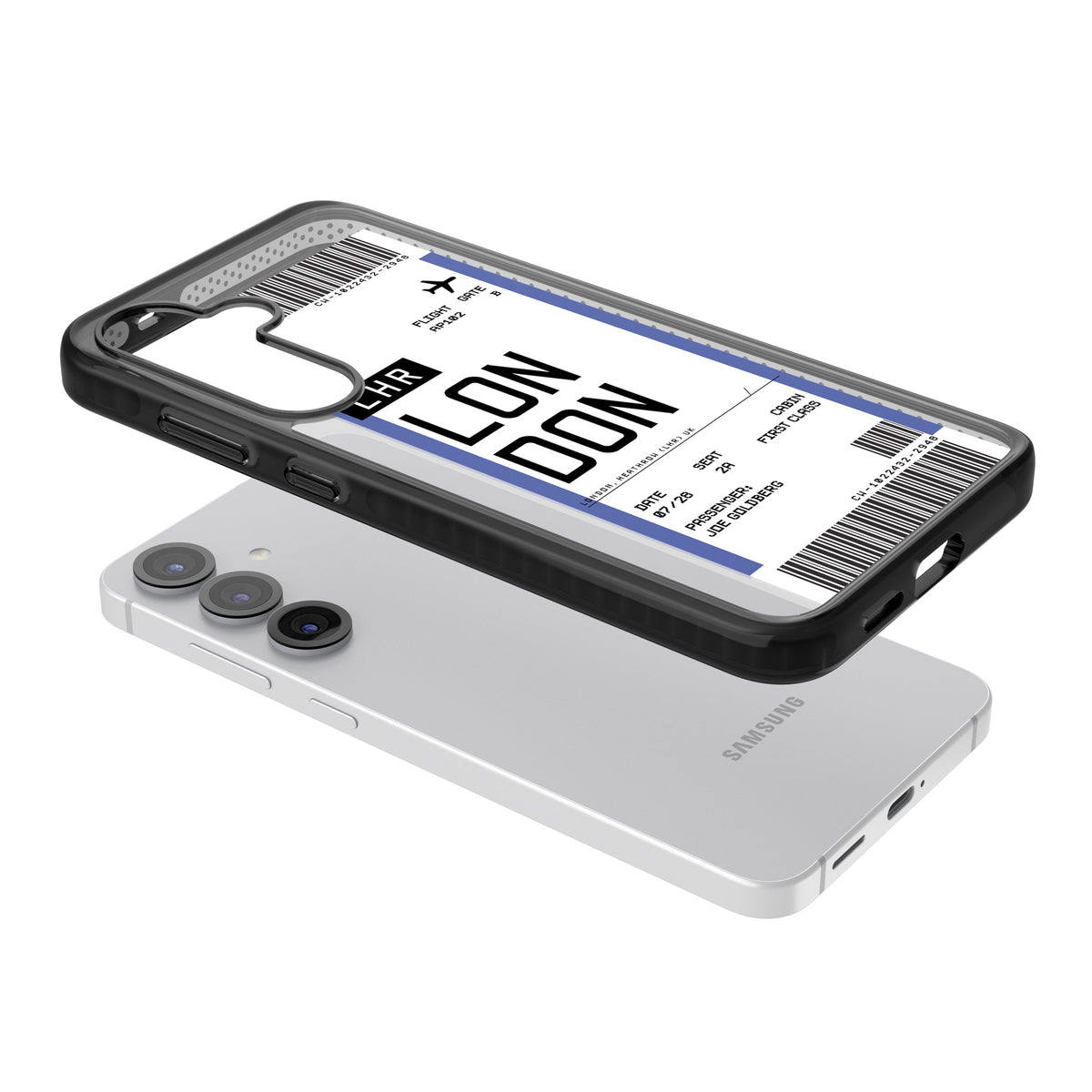 Personalised London Boarding Pass Samsung S25 / Samsung S25 Plus / Samsung S26 / Samsung S26 Plus Impact Black Phone Case angled