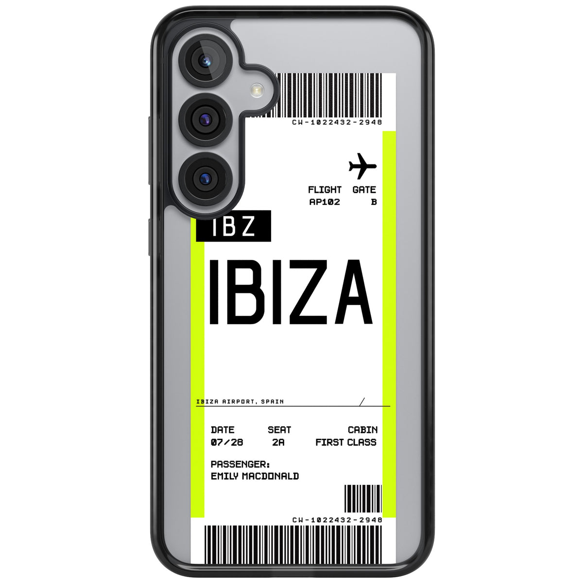 Personalised Ibiza Boarding Pass Samsung S25 Plus / Samsung S26 / Samsung S26 Plus Impact Black Phone Case front