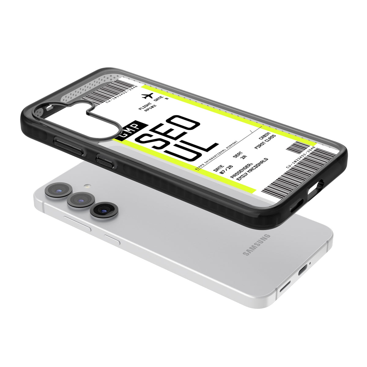 Personalised Seoul Boarding Pass Samsung S25 / Samsung S25 Plus / Samsung S26 / Samsung S26 Plus Impact Black Phone Case angled
