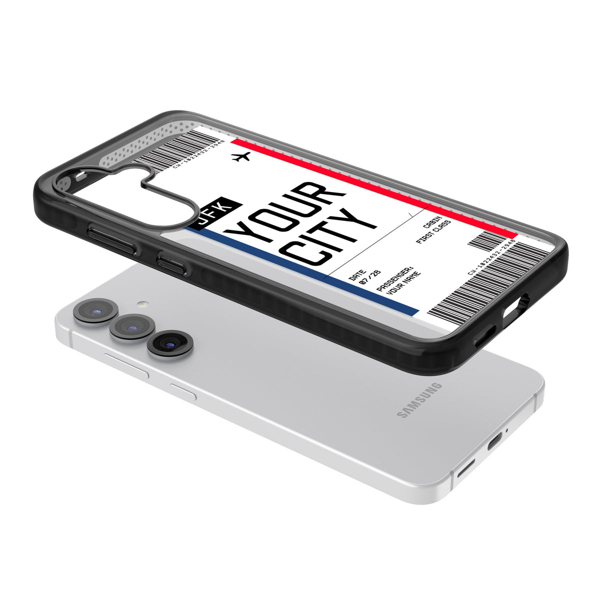 Personalised Create Your Own Boarding Pass Ticket Samsung S25 / Samsung S25 Plus / Samsung S26 / Samsung S26 Plus Impact Black Phone Case angled
