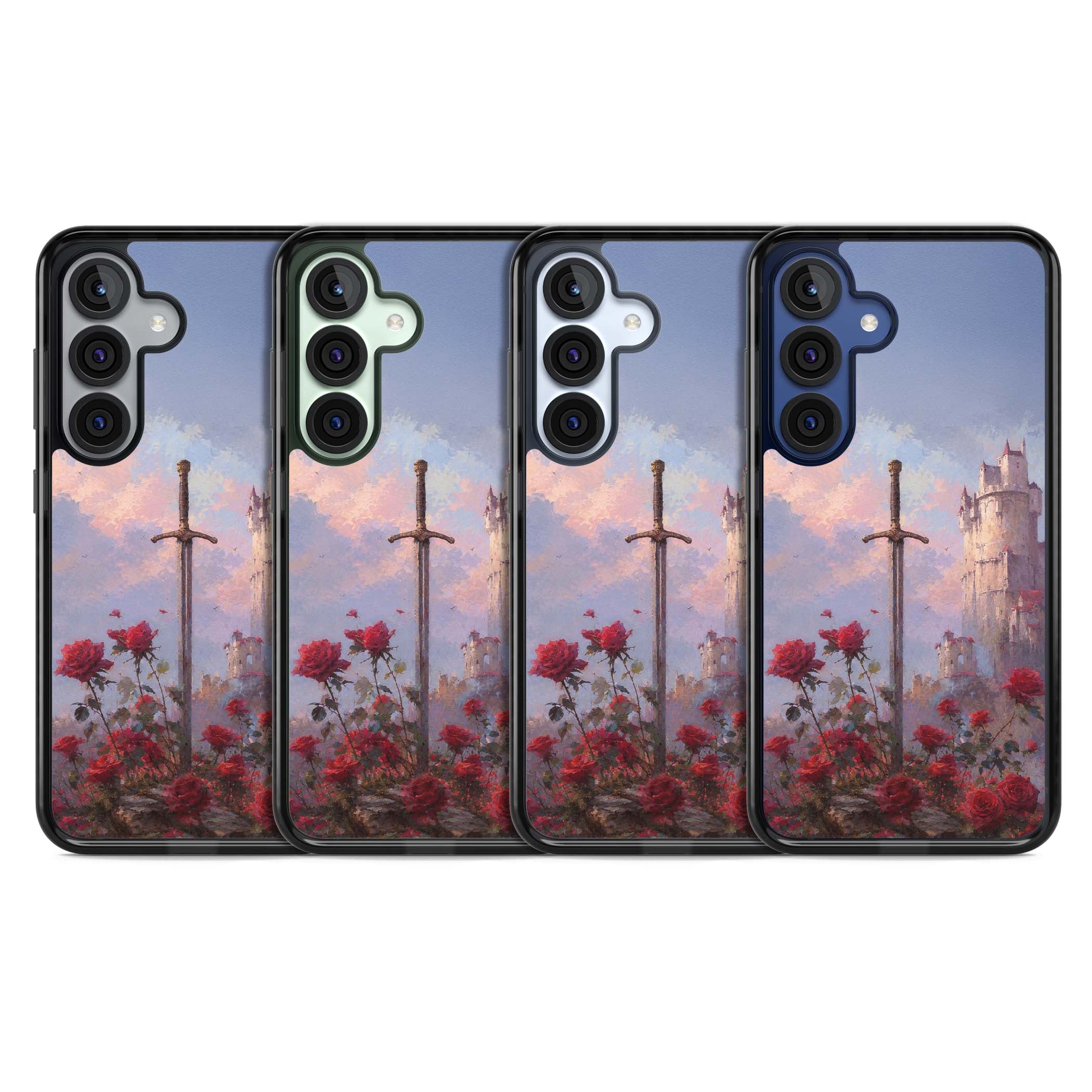 Sword in Roses medieval art iPhone case featuring a sword, red roses, and a misty fairytale castle at sunset | Black Impact case for Samsung Galaxy S25, Samsung Galaxy S25 Plus