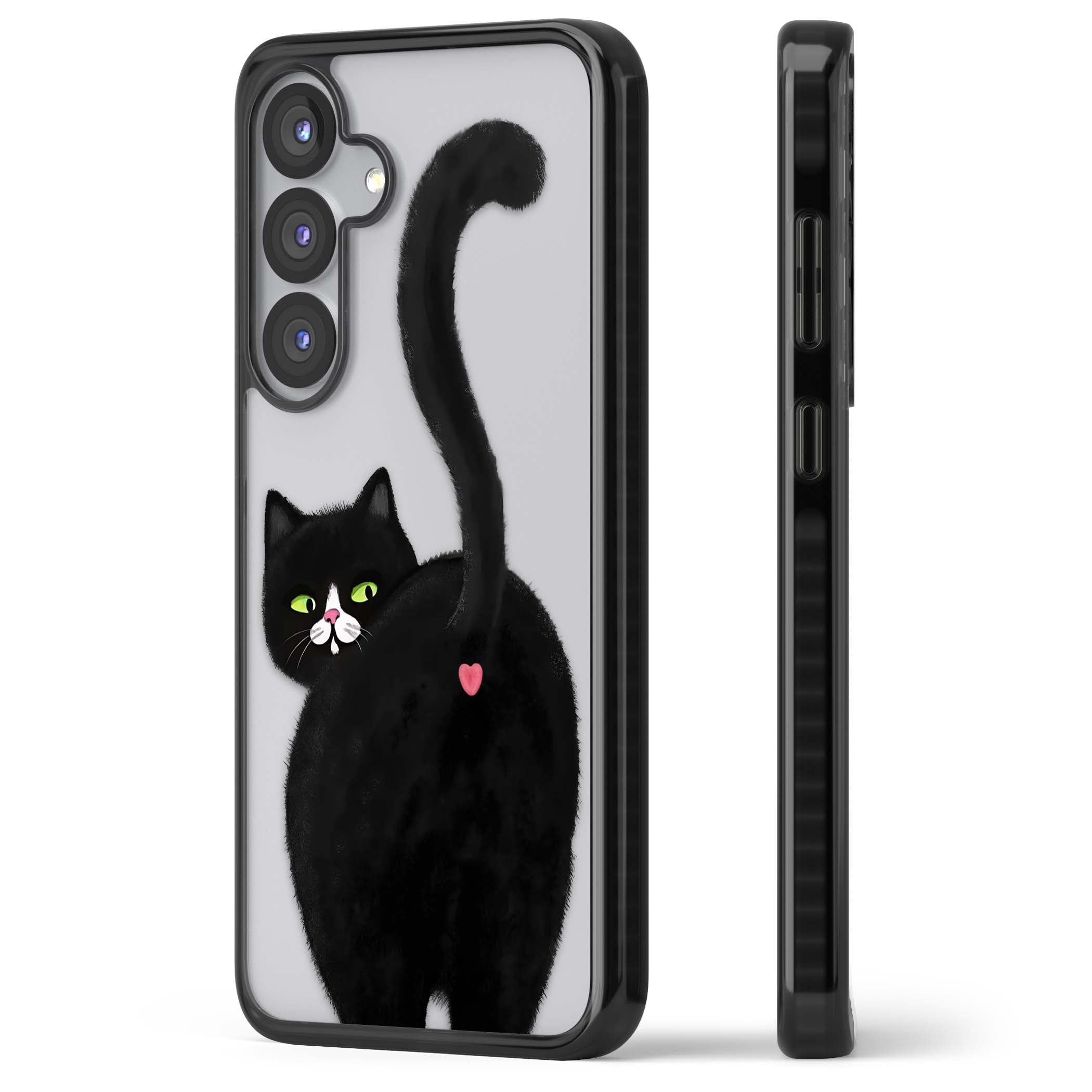The Cat's Kiss cute cat iPhone case featuring a hand-painted tuxedo kitty with green eyes and a pink heart on a clear | Black Impact case for Samsung Galaxy S25, Samsung Galaxy S25 Plus