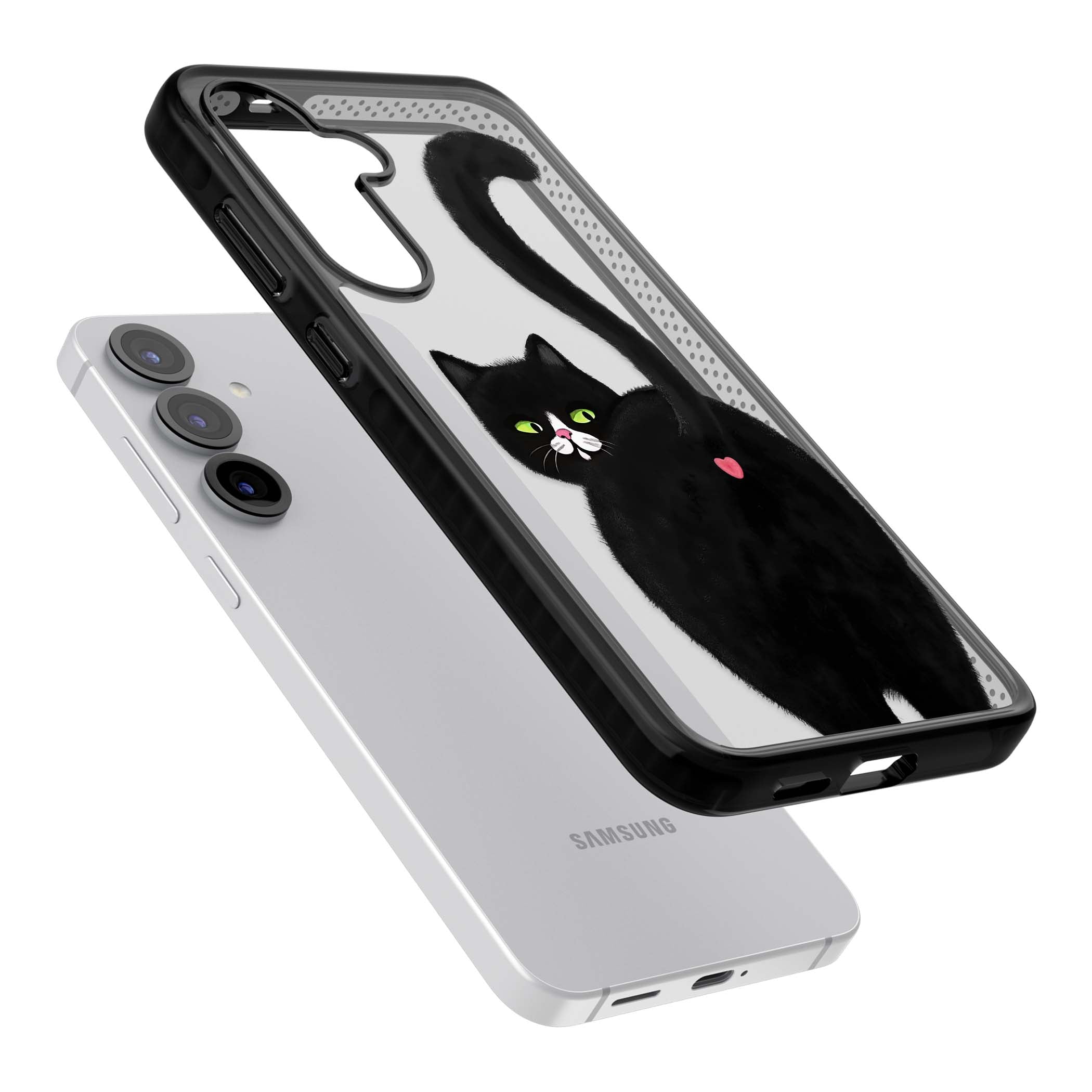The Cat's Kiss cute cat iPhone case featuring a hand-painted tuxedo kitty with green eyes and a pink heart on a clear | Black Impact case for Samsung Galaxy S25, Samsung Galaxy S25 Plus