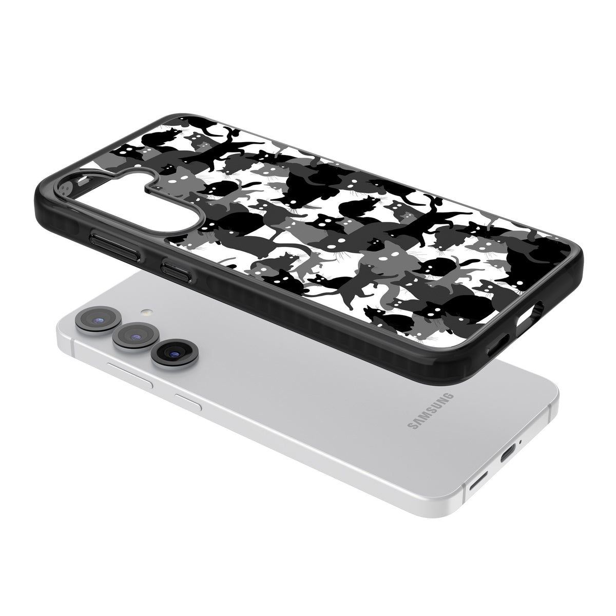 Black & White Cat Camouflage Samsung S25 / Samsung S25 Plus / Samsung S26 / Samsung S26 Plus Impact Black Phone Case angled