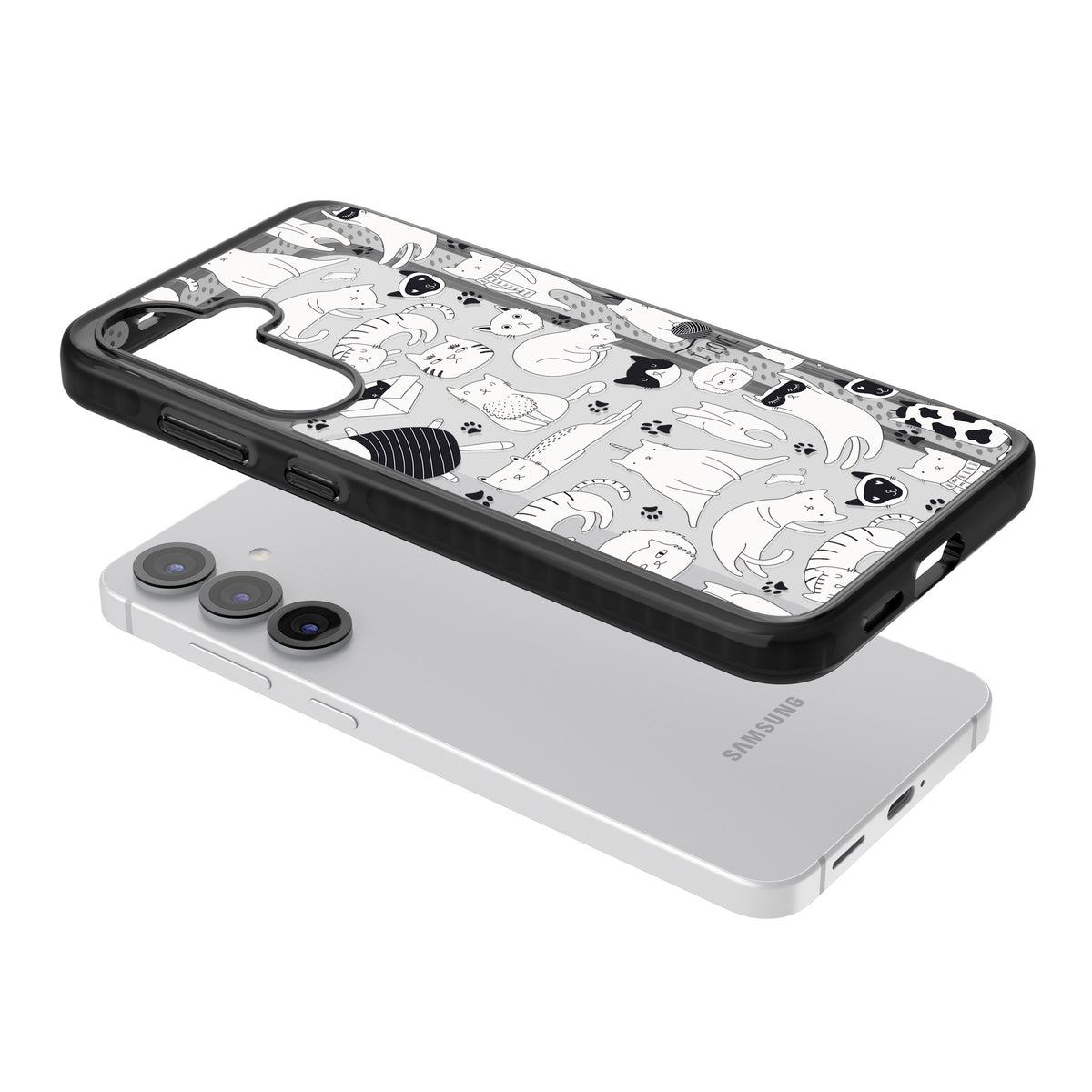 Cartoon Cats (Black & White) Samsung S25 / Samsung S25 Plus / Samsung S26 / Samsung S26 Plus Impact Black Phone Case angled