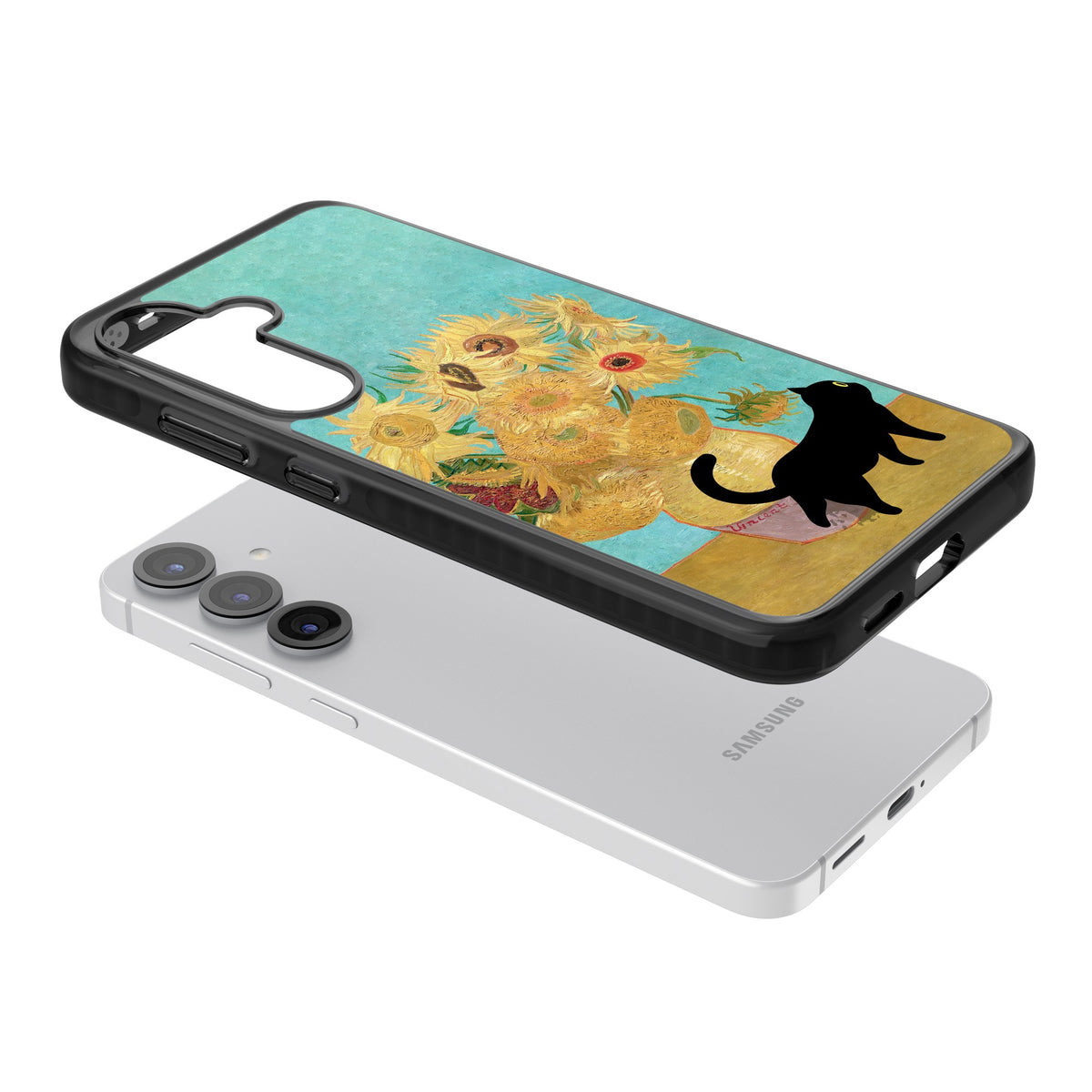 Cat with Van Gogh's Sunflowers Samsung S25 / Samsung S25 Plus / Samsung S26 / Samsung S26 Plus Impact Black Phone Case angled