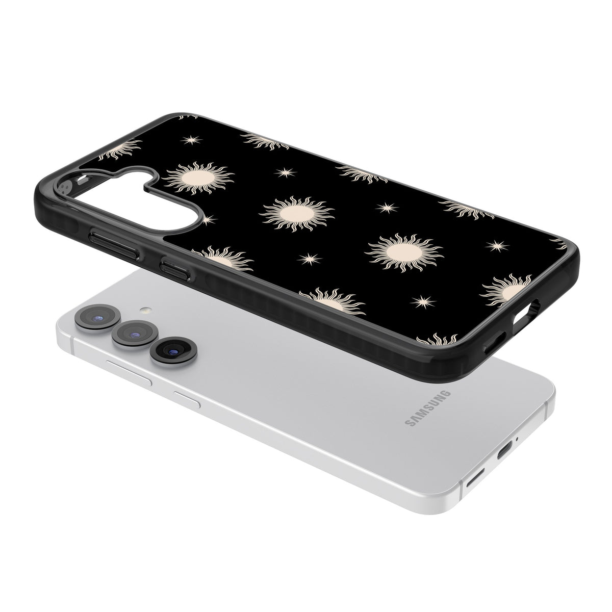 Celestial Patterns Classic Suns (Black) Samsung S25 / Samsung S25 Plus / Samsung S26 / Samsung S26 Plus Impact Black Phone Case angled